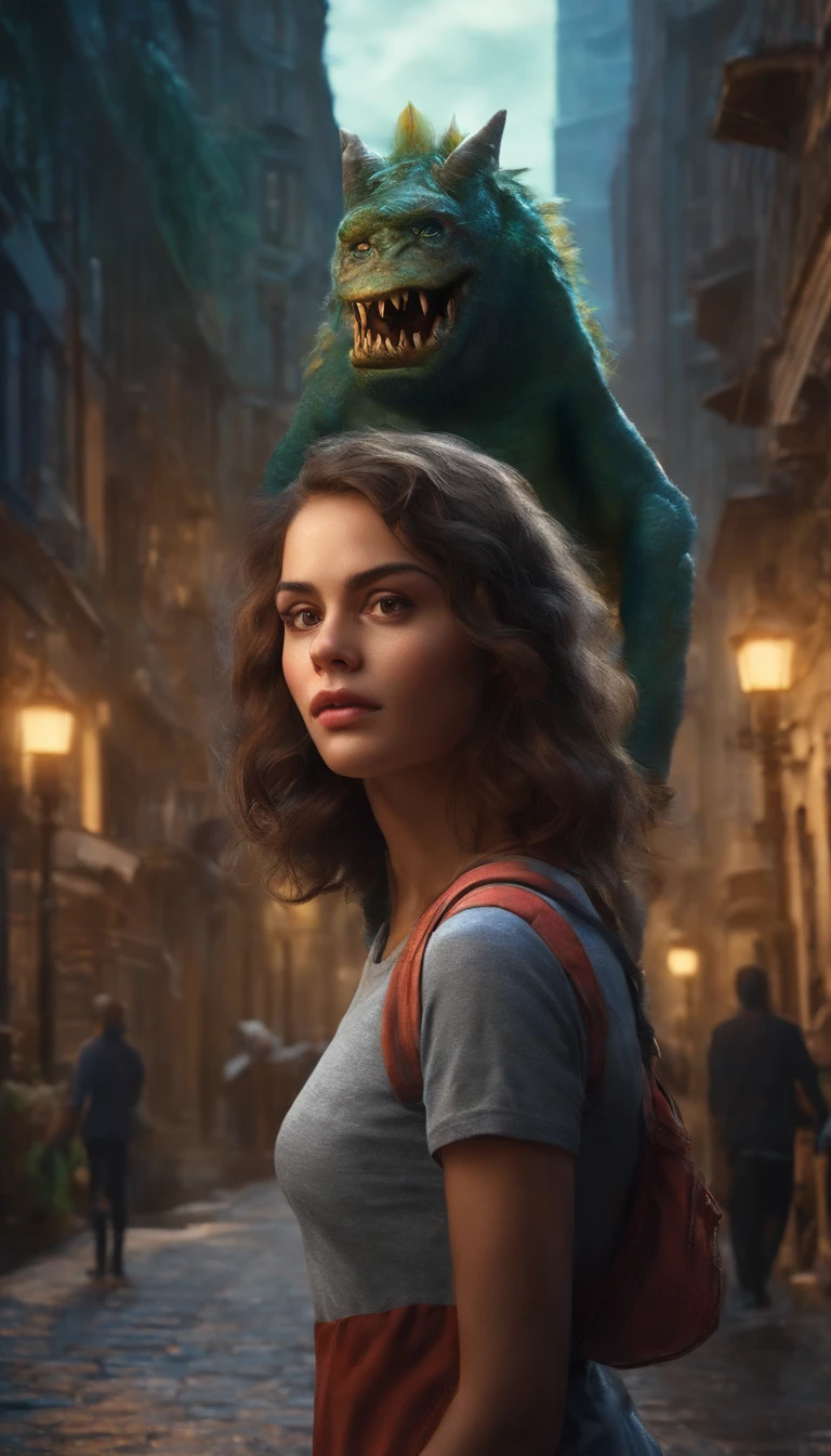 a girl beautiful detailed face carrying a little monster on his shoulder,wandering on the streets of the city,illustration,detailed character design,dynamic pose,urban environment,mixed media artwork,colorful,gritty textures,highly detailed background,impressive lighting,realistic style,playful,expressive face of the monster,stunning colors and shades,emotional connection between the girl and the monster,life-like rendering,best quality,4k resolution,ultra-detailed,professional artwork,vivid colors,sharp focus,studio lighting.