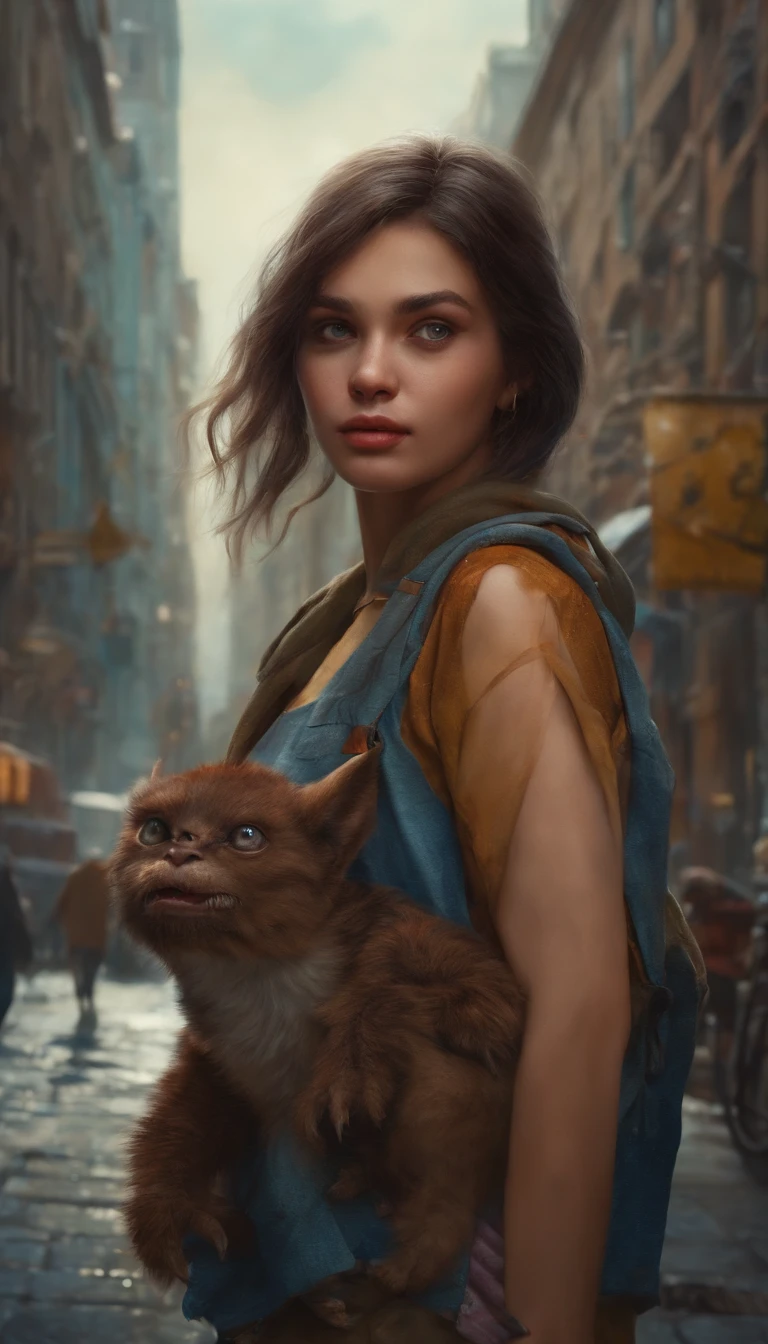a girl beautiful detailed face carrying a little monster on his shoulder,wandering on the streets of the city,illustration,detailed character design,dynamic pose,urban environment,mixed media artwork,colorful,gritty textures,highly detailed background,impressive lighting,realistic style,playful,expressive face of the monster,stunning colors and shades,emotional connection between the girl and the monster,life-like rendering,best quality,4k resolution,ultra-detailed,professional artwork,vivid colors,sharp focus,studio lighting.