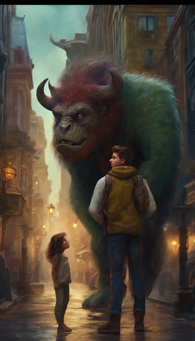 a girl beautiful detailed face carrying a little monster on his shoulder,wandering on the streets of the city,illustration,detailed character design,dynamic pose,urban environment,mixed media artwork,colorful,gritty textures,highly detailed background,impressive lighting,realistic style,playful,expressive face of the monster,stunning colors and shades,emotional connection between the girl and the monster,life-like rendering,best quality,4k resolution,ultra-detailed,professional artwork,vivid colors,sharp focus,studio lighting.