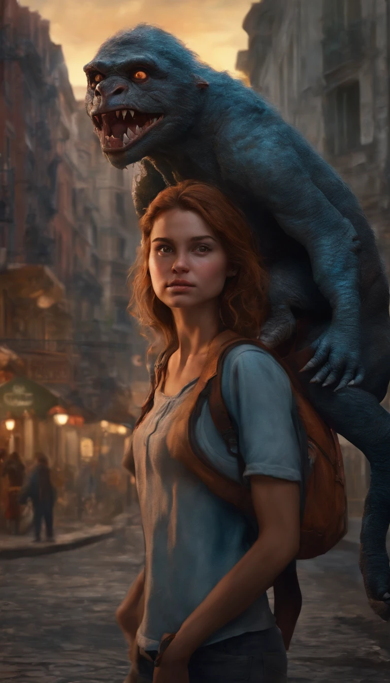 a girl beautiful detailed face carrying a little monster on his shoulder,wandering on the streets of the city,illustration,detailed character design,dynamic pose,urban environment,mixed media artwork,colorful,gritty textures,highly detailed background,impressive lighting,realistic style,playful,expressive face of the monster,stunning colors and shades,emotional connection between the girl and the monster,life-like rendering,best quality,4k resolution,ultra-detailed,professional artwork,vivid colors,sharp focus,studio lighting.