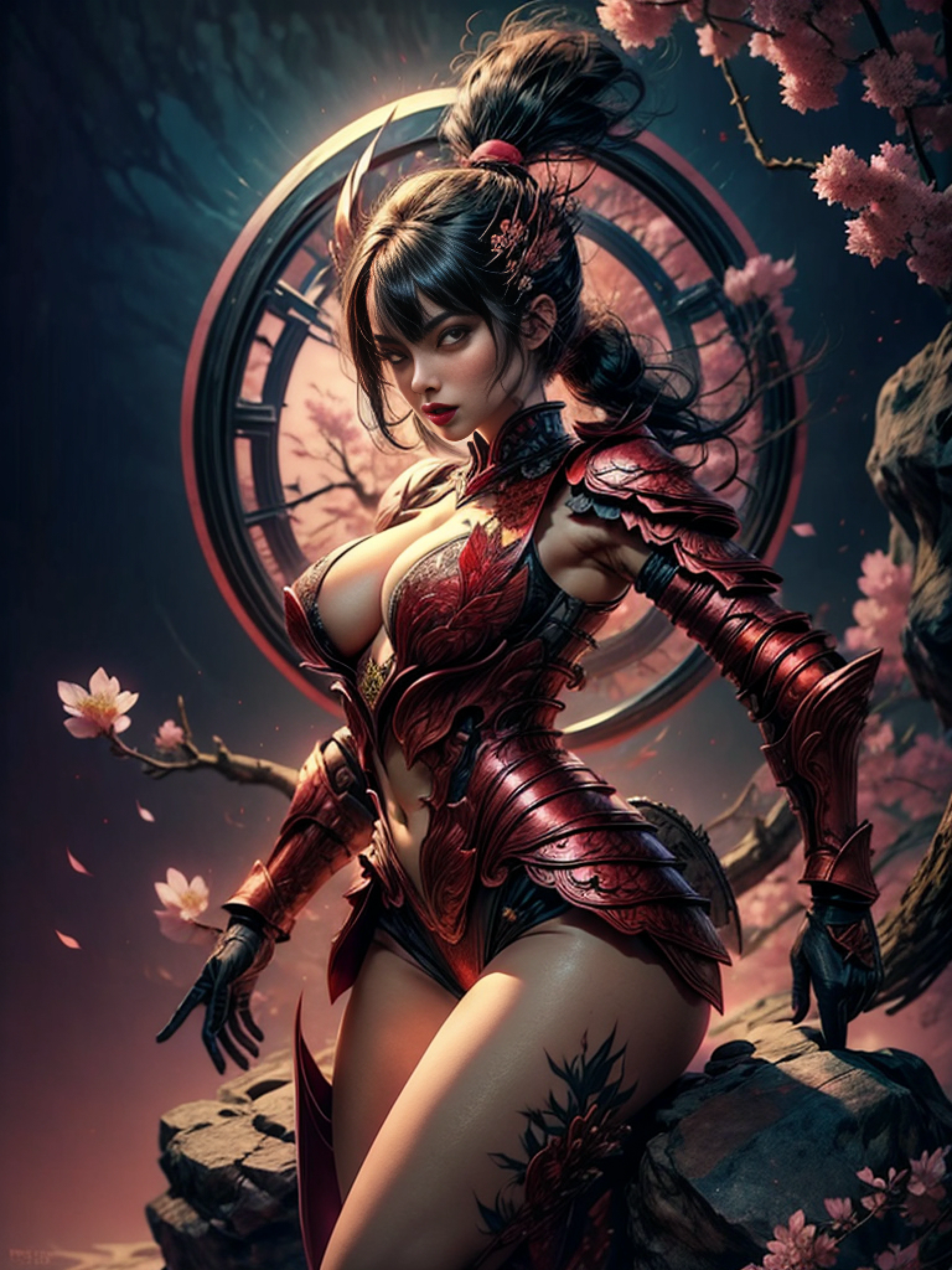 minimal, A sexy woman in armor, legendary warrior , A beautiful babe, sex pose, erotic design , erotic face, erotic pose, pore black hair, small tits, big eyes, sexy eyes, body covered with tattoo, red lips, sexy lips, sexy face, erotic, erotic pose, FULL BODY, cherry blossom tree, pink leaves, high quality, beautiful graphics, high detail