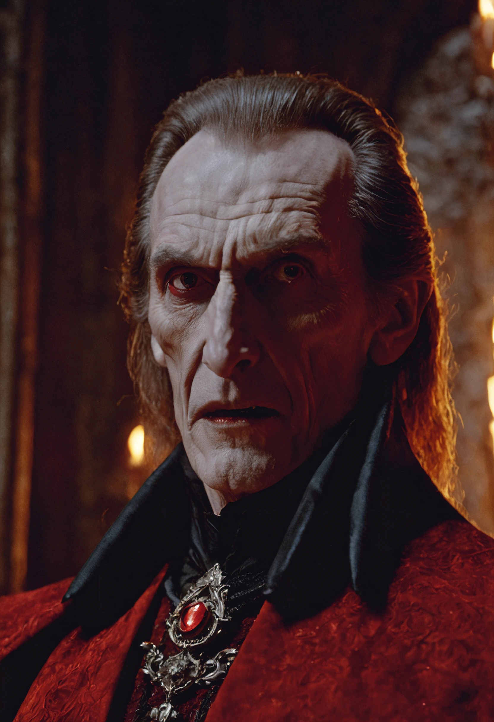 closeup cinematic still of (Bill Nighy) as dracula, creepy stare with long canine-teeth bared, (1500s) inside creepy castle, red, fire, standing glaring, perfect eyes, detailed face, foreboding, menacing, sinister, creepy, intense, (bram stokers dracula movie), analog, high saturation