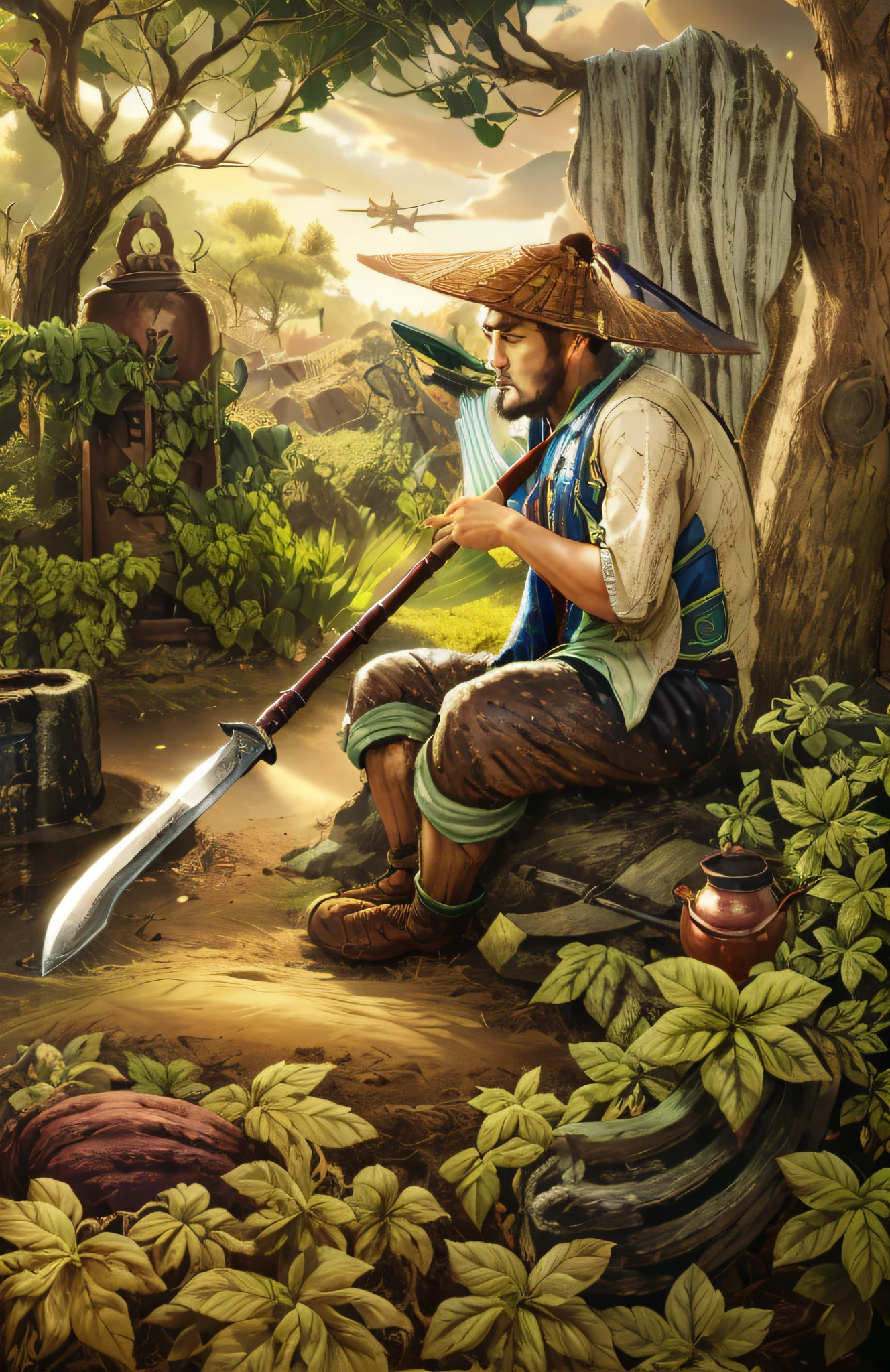 (Unreal Engine 5),Realistic rendering, (Vegetable garden farmer), （Shirtless shirt），A farmer in the Three Kingdoms sits under a tree in a vegetable garden and drinks water，With a long knife， Song Dynasty pastoral, ukiyo-style，epic full color illustration, inspired by Li Kan, tai warlord, Inspired by Chen Danqing, The feeling comes from Shen Quan, Inspired by Hu Zaobin, inspired by Zhu Derun, Inspired by Huang Shen, inspired by Li Rongjin, Inspired by Shen Zhou，inspired by Lu Zhi, author：Yoon Du-seop,