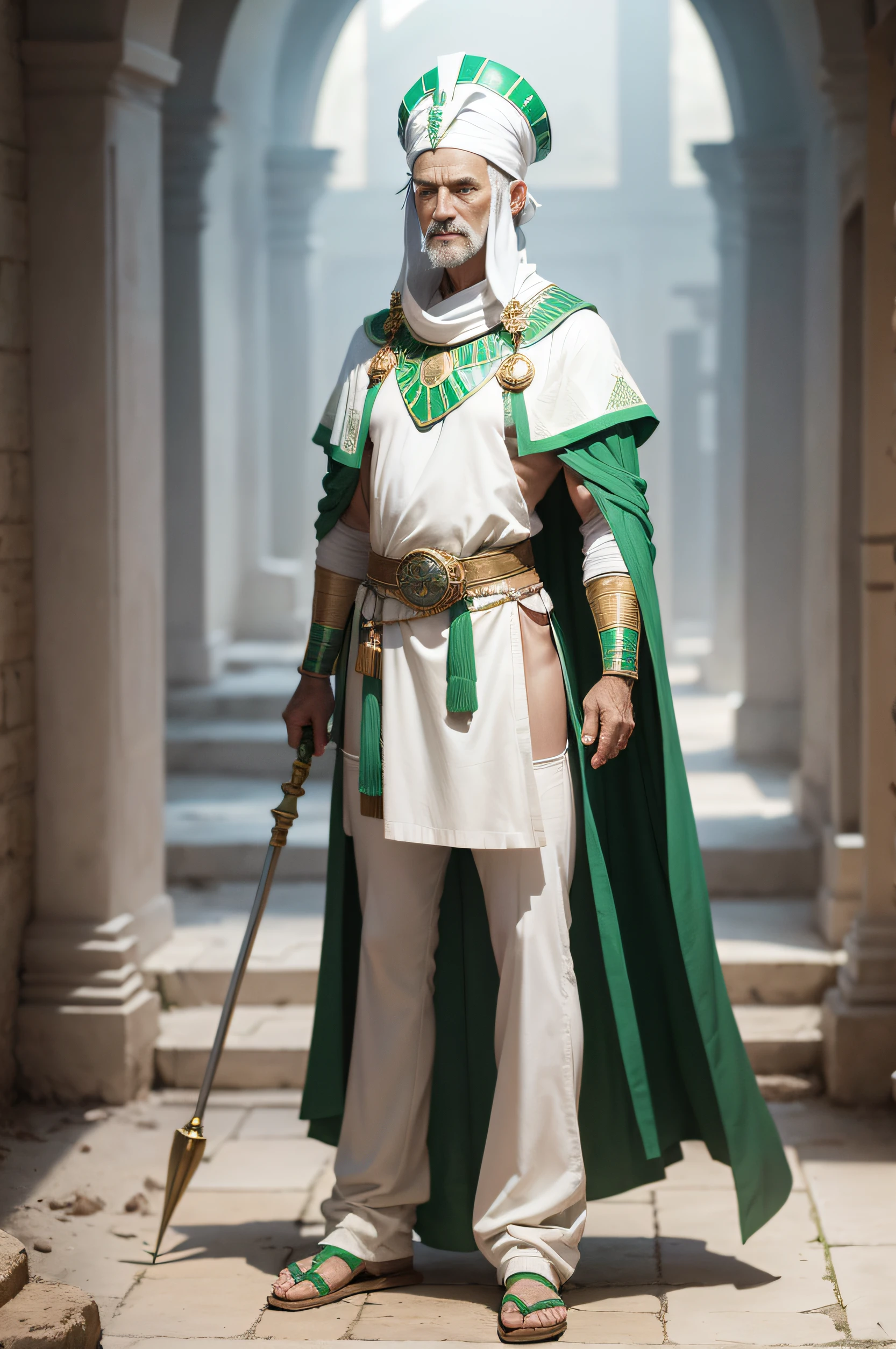 Middle Crete with a white tunic and green clothes, cabelo moderno, rosto quadrado, com um furinho no queixo, He is a physician in the time of Ancient Egypt, this one standing appearing the whole body with the middle legs appearing he is 60 years old and one meter and 75 tall appear the legs and shoes as well, full-length house appearing standing, a green scepter and a green color on the head