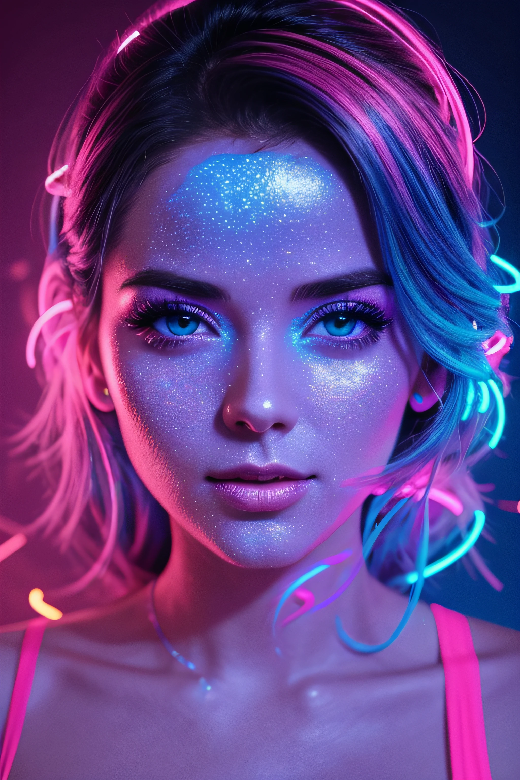 beautiful 30 years old woman's face illuminated by colored lights photorealistic background bright colors Luminous neon pink and neon blue glitter dust background with pink and blue smoke vapor