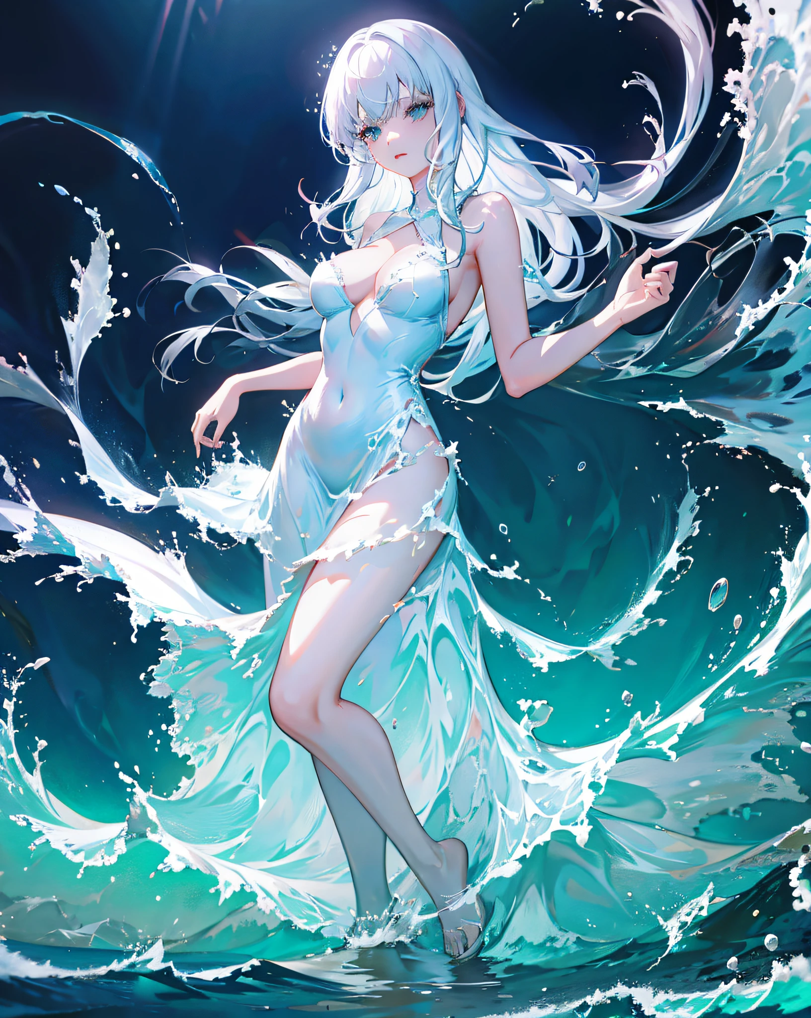 1girl,solo,white_hair,liquid hair, long hair, standing, liquid clothes, wedding dress, sea, large breasts, water,standing,lifted by self, cleavage, cowboy shot, blue sky, wave