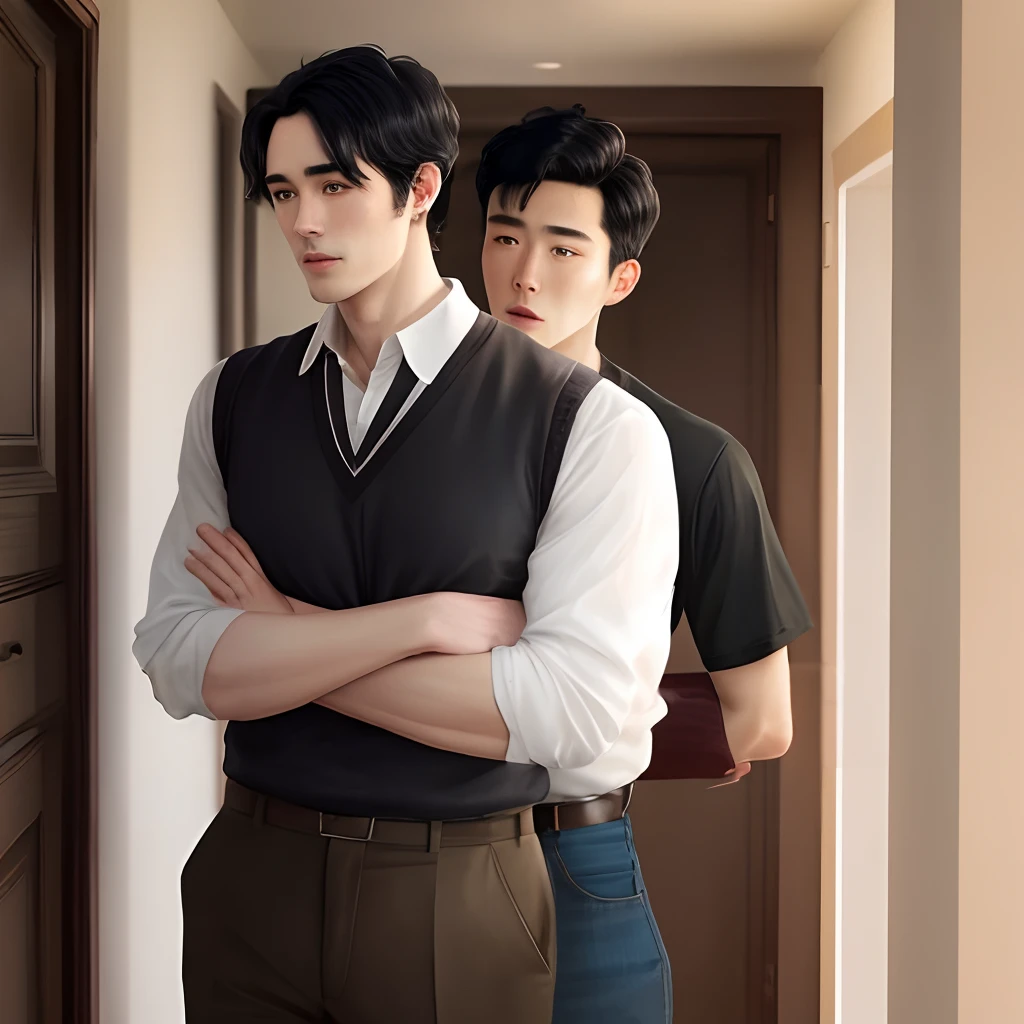 Black hair short, tall man
