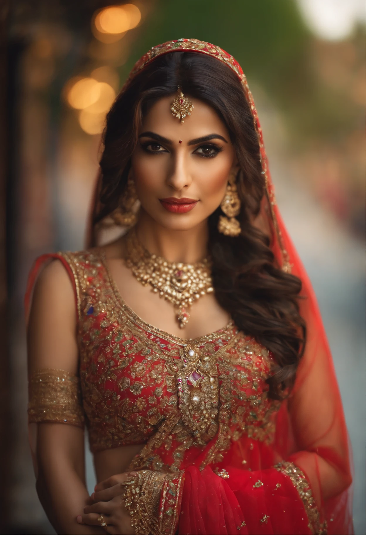 In traditional pakistani dresses, seductive pose, standing in street, wearing diamond necklace, hands on breast