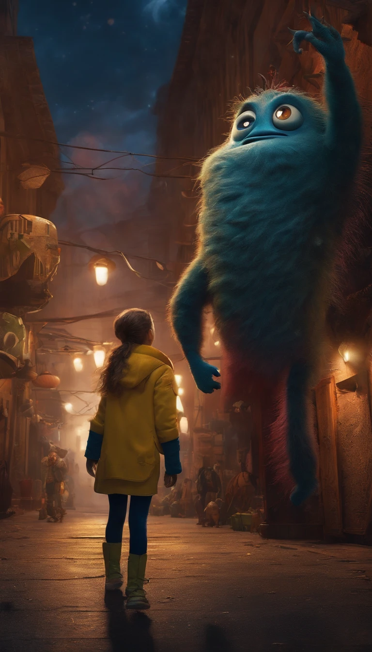 a girl beautiful detailed face carrying a little monster on his shoulder,wandering on the streets of the city,illustration,detailed character design,dynamic pose,urban environment,mixed media artwork,colorful,gritty textures,highly detailed background,impressive lighting,realistic style,playful,expressive face of the monster,stunning colors and shades,emotional connection between the girl and the monster,life-like rendering,best quality,4k resolution,ultra-detailed,professional artwork,vivid colors,sharp focus,studio lighting. Digital creatures in miró style, like machines real ultra realistic, devices interconnected, cables all over, wifi signals, xray, metal parts ,dancing in the air with monster minions, extremely detailed, high resolution, best quality, color realistic, vivid), 8 minions dancing in the air, admiring the scenery , extraterrestrial creatures, photography, on terrain, nebula sky, ((best silhouette)), best quality