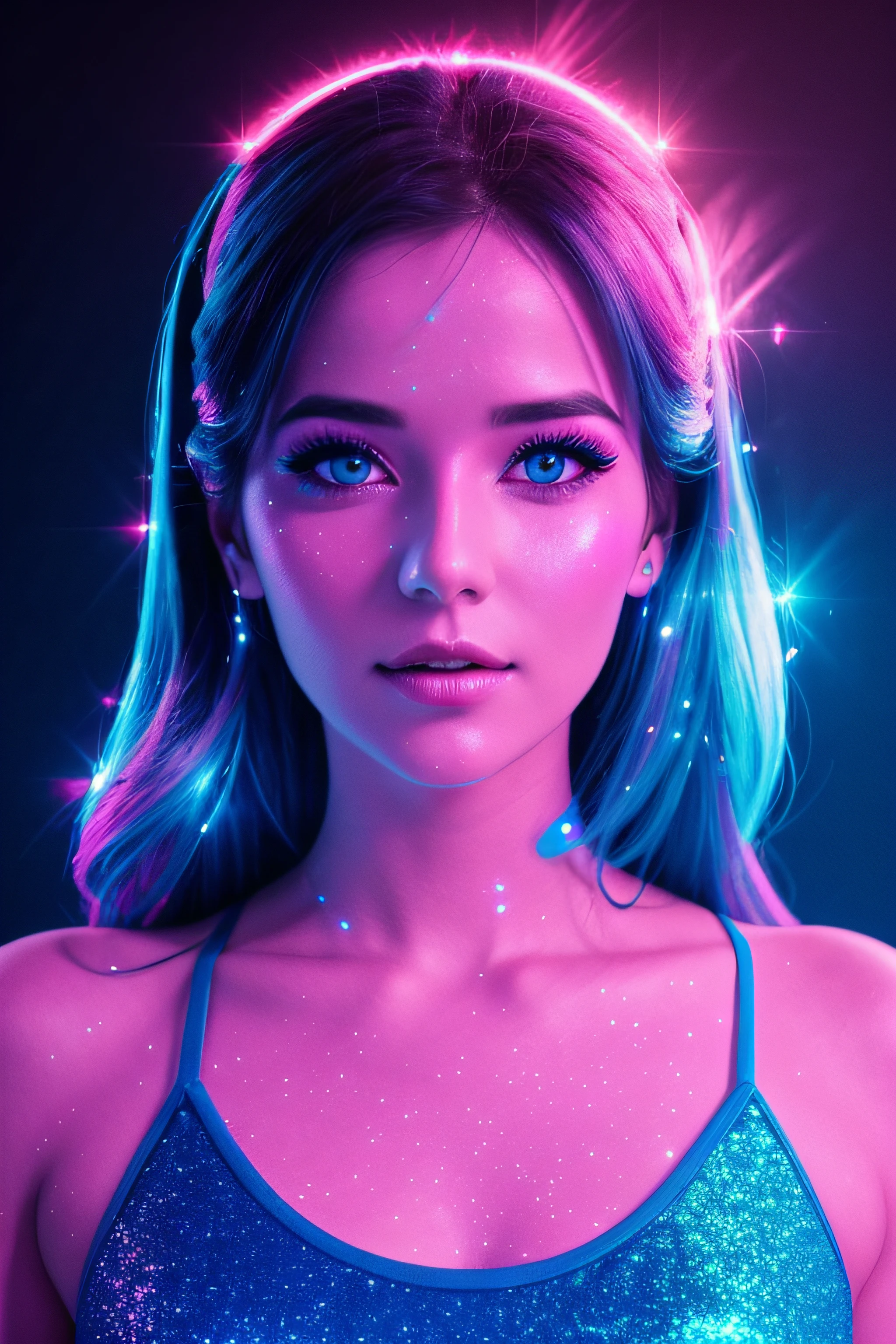 beautiful 30 years old woman's face illuminated by colored lights photorealistic background bright colors Luminous neon pink and neon blue glitter dust background with pink and blue smoke vapor