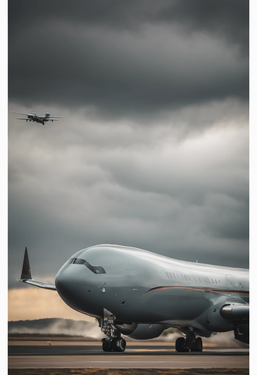 Passenger aircraft, um drone militar, Grey sky with clouds