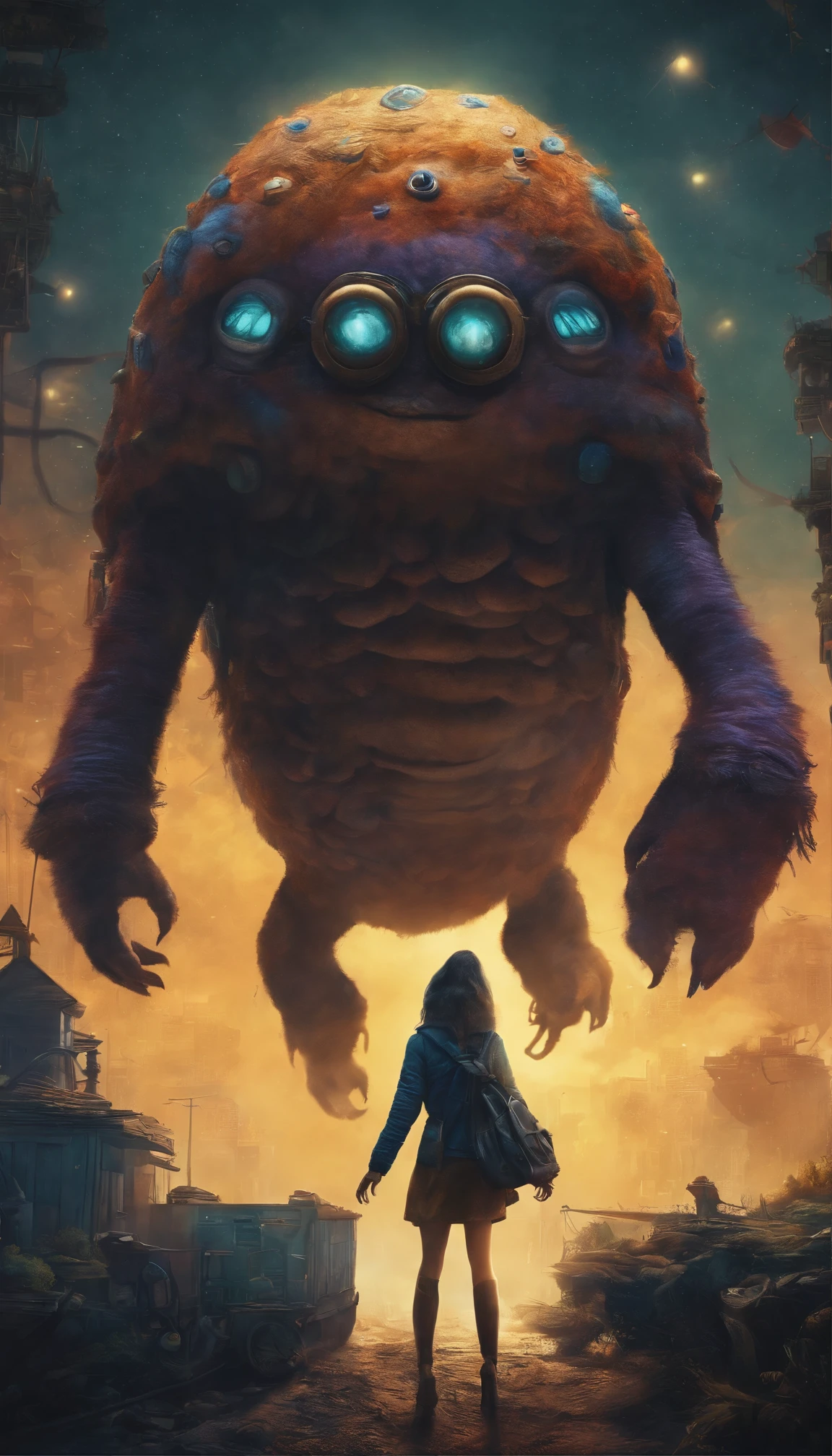 a girl beautiful detailed face carrying a little monster on his shoulder,wandering on the streets of the city,illustration,detailed character design,dynamic pose,urban environment,mixed media artwork,colorful,gritty textures,highly detailed background,impressive lighting,realistic style,playful,expressive face of the monster,stunning colors and shades,emotional connection between the girl and the monster,life-like rendering,best quality,4k resolution,ultra-detailed,professional artwork,vivid colors,sharp focus,studio lighting. Digital creatures in miró style, like machines real ultra realistic, devices interconnected, cables all over, wifi signals, xray, metal parts ,dancing in the air with monster minions, extremely detailed, high resolution, best quality, color realistic, vivid), 8 minions dancing in the air, admiring the scenery , extraterrestrial creatures, photography, on terrain, nebula sky, ((best silhouette)), best quality