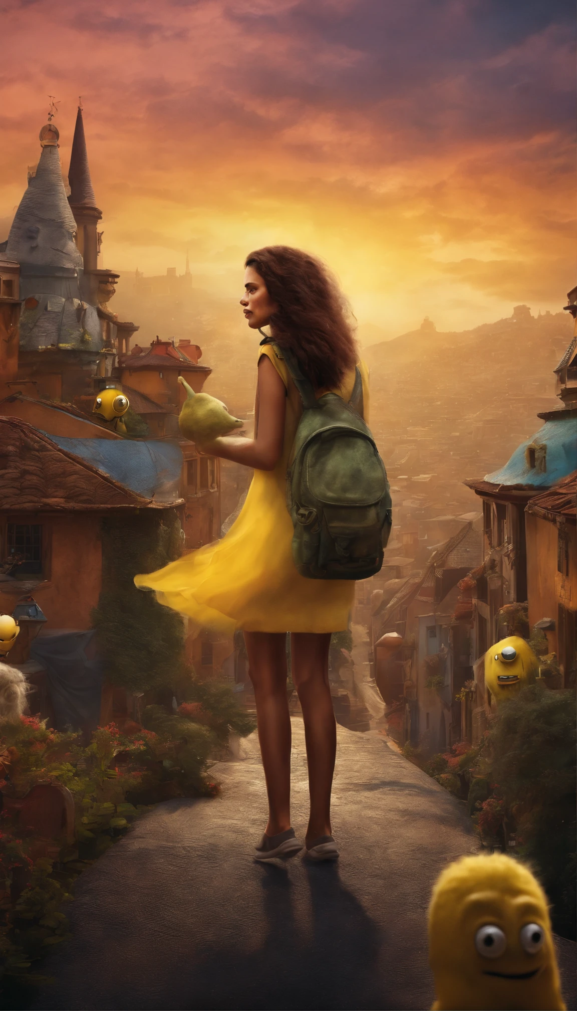 a girl beautiful detailed face carrying a little monster on his shoulder,wandering on the streets of the city,illustration,detailed character design,dynamic pose,urban environment,mixed media artwork,colorful,gritty textures,highly detailed background,impressive lighting,realistic style,playful,expressive face of the monster,stunning colors and shades,emotional connection between the girl and the monster,life-like rendering,best quality,4k resolution,ultra-detailed,professional artwork,vivid colors,sharp focus,studio lighting. Digital creatures in miró style, like machines real ultra realistic, devices interconnected, cables all over, wifi signals, xray, metal parts ,dancing in the air with monster minions, extremely detailed, high resolution, best quality, color realistic, vivid), 8 minions dancing in the air, admiring the scenery , extraterrestrial creatures, photography, on terrain, nebula sky, ((best silhouette)), best quality