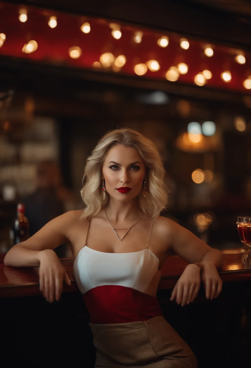 blonde woman, 25 years, Short outfit, Realistic, sitting at a bar, looking forward, Realistic, 4k, HD. Red lips and wearing only a necklace
