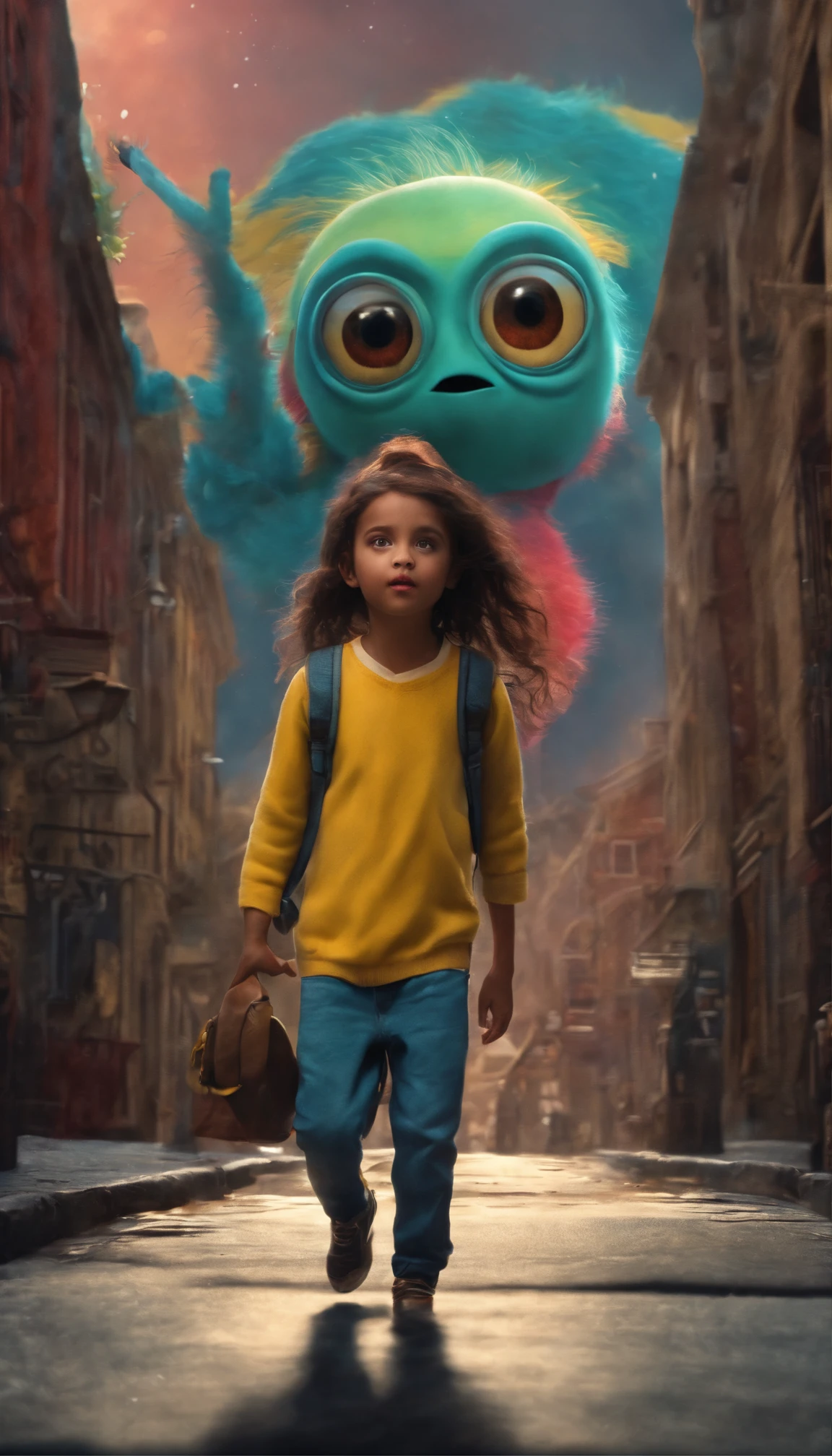 a girl beautiful detailed face carrying a little monster on his shoulder,wandering on the streets of the city,illustration,detailed character design,dynamic pose,urban environment,mixed media artwork,colorful,gritty textures,highly detailed background,impressive lighting,realistic style,playful,expressive face of the monster,stunning colors and shades,emotional connection between the girl and the monster,life-like rendering,best quality,4k resolution,ultra-detailed,professional artwork,vivid colors,sharp focus,studio lighting. Digital creatures in miró style, like machines real ultra realistic, devices interconnected, cables all over, wifi signals, xray, metal parts ,dancing in the air with monster minions, extremely detailed, high resolution, best quality, color realistic, vivid), 8 minions dancing in the air, admiring the scenery , extraterrestrial creatures, photography, on terrain, nebula sky, ((best silhouette)), best quality