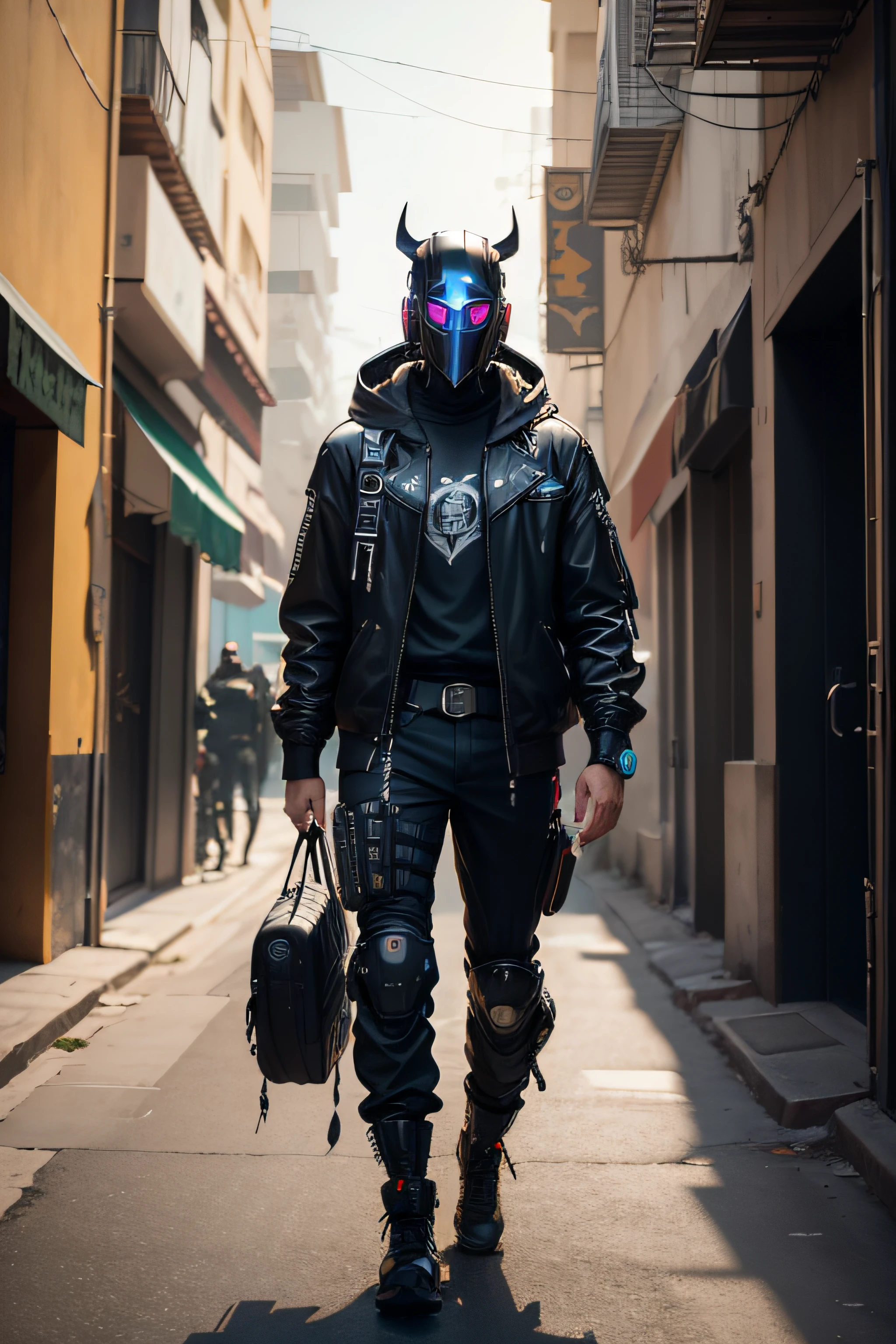 masterpiece, realistic dslr photo de vaquero mecha, con un traje negro y verde con una mochila, Cyberpunk asymetric Streetwear, Traje oversized cyberpunk, cyberpunk street goon, Uso cyberpunk, Techwear cyberpunk, Estilo cyberpunk silenciado, Lleva ropa de calle futurista estilo cyberpunk, Soldado cyberpunk del futuro, mercenario futurista, ambiente callejero, peligroso, ghetto, Estilo cyberpunk hiperrealista, japones, ronin, Toda la ropa negra holgada, capucha del hoodie sobre el cibercasco, crow in cyber armour, brazos mecanicos, brazos roboticos, cyborg, cibercasco HUD, tecnologia avanzada, alta tecnologia. futurista, imponente, agresivo, ropa desgastada, intimidante, musculoso, octane render, 4k, maya, substance, iluminacion cinematica, sci-fi scene, mejor calidad, hdr, autofocus, toma nitida, luz del atardecer, misterioso mercenario cyborg del futuro cyberpunk, dramatico, intrincado, no hay humanos, robotic, cyborg, mercenario, cibercasco, chupas!,