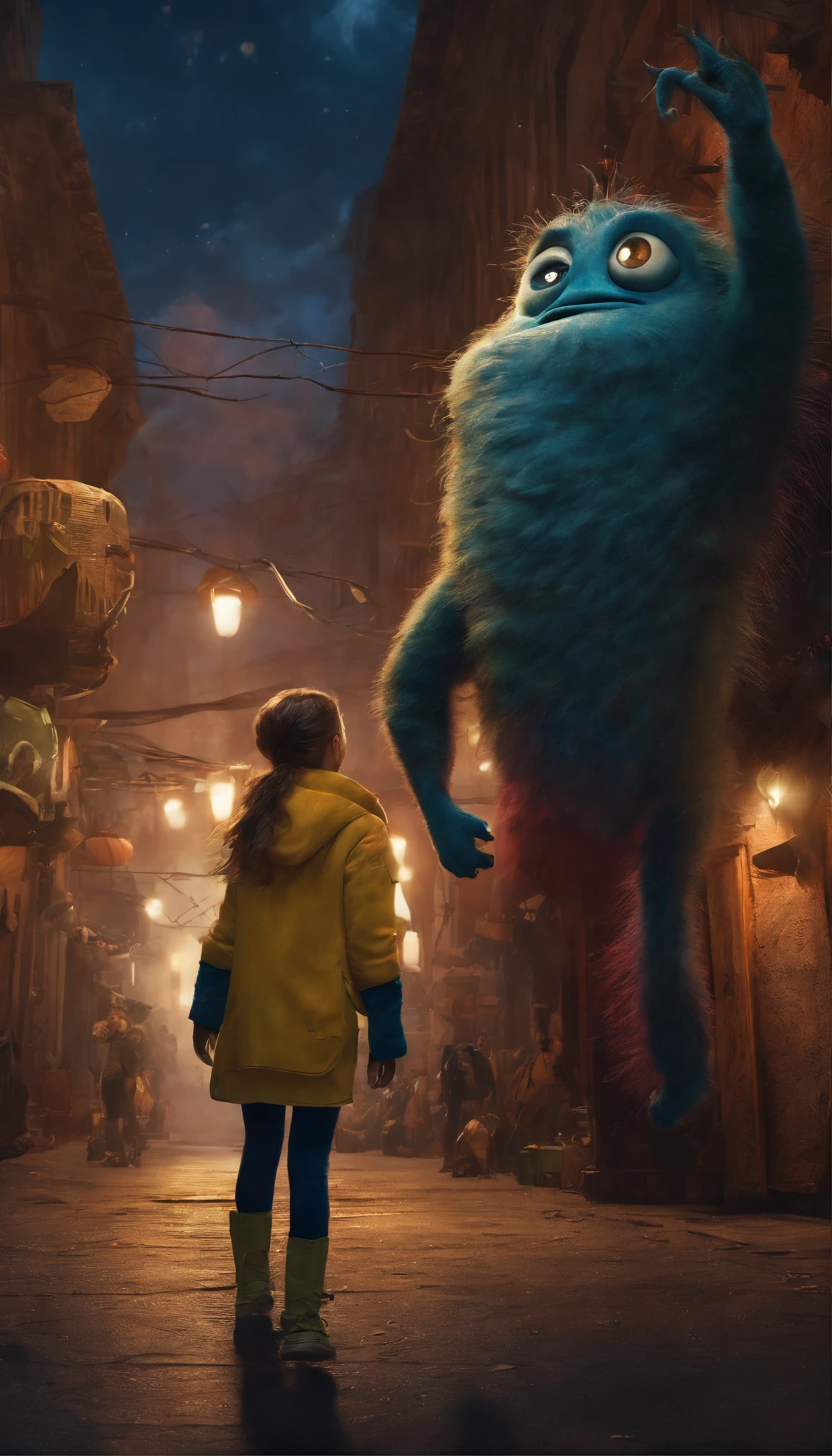 a girl beautiful detailed face carrying a little monster on his shoulder,wandering on the streets of the city,illustration,detailed character design,dynamic pose,urban environment,mixed media artwork,colorful,gritty textures,highly detailed background,impressive lighting,realistic style,playful,expressive face of the monster,stunning colors and shades,emotional connection between the girl and the monster,life-like rendering,best quality,4k resolution,ultra-detailed,professional artwork,vivid colors,sharp focus,studio lighting. Digital creatures in miró style, like machines real ultra realistic, devices interconnected, cables all over, wifi signals, xray, metal parts ,dancing in the air with monster minions, extremely detailed, high resolution, best quality, color realistic, vivid), 8 minions dancing in the air, admiring the scenery , extraterrestrial creatures, photography, on terrain, nebula sky, ((best silhouette)), best quality