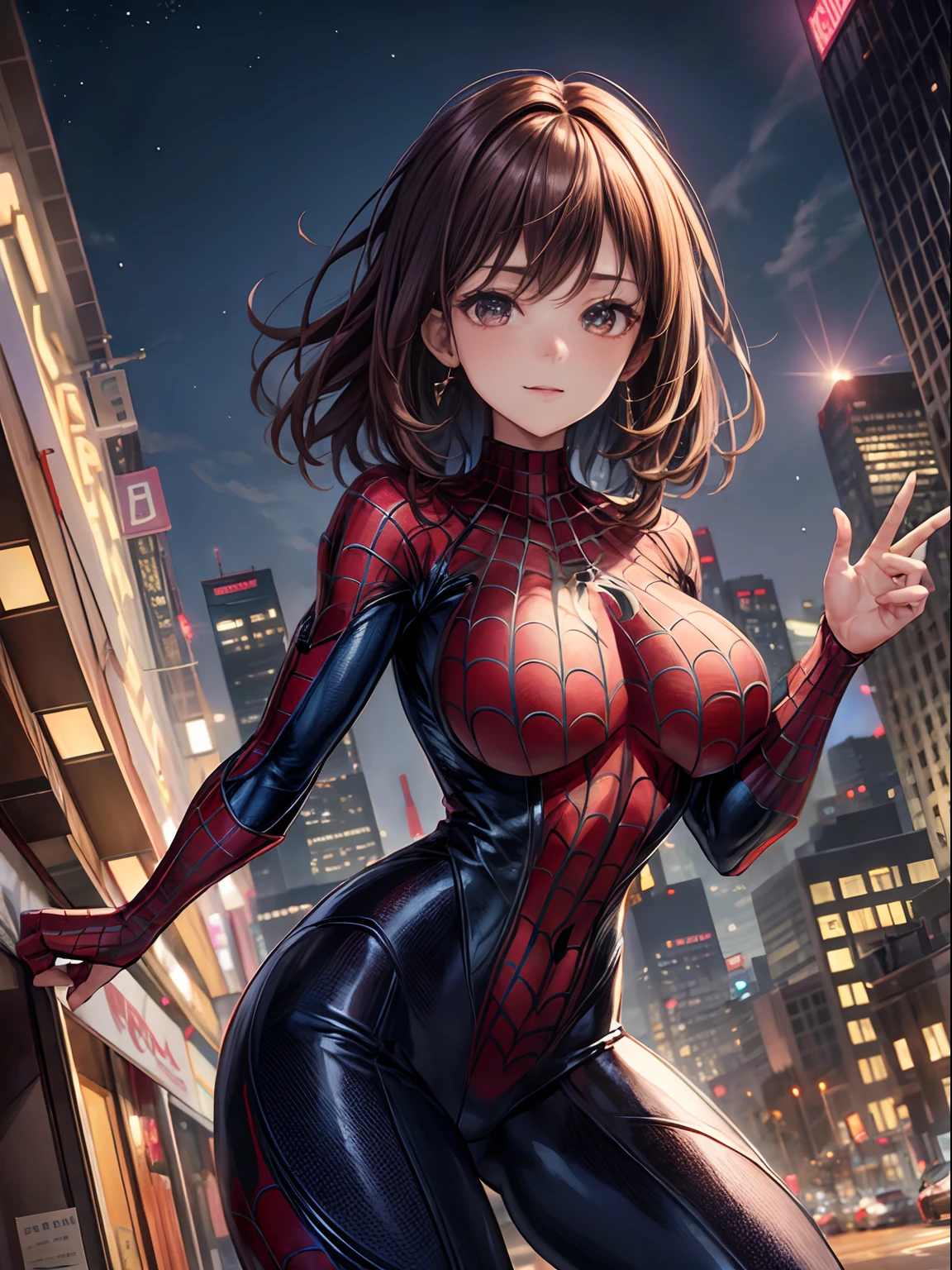 top-quality、Full limbs、complete fingers、one beautiful women、Beautiful Large Breasts、Medium Hair、casual、Brown hair、Spider-Man costume、night skyscraper、Flying with spider silk between buildings