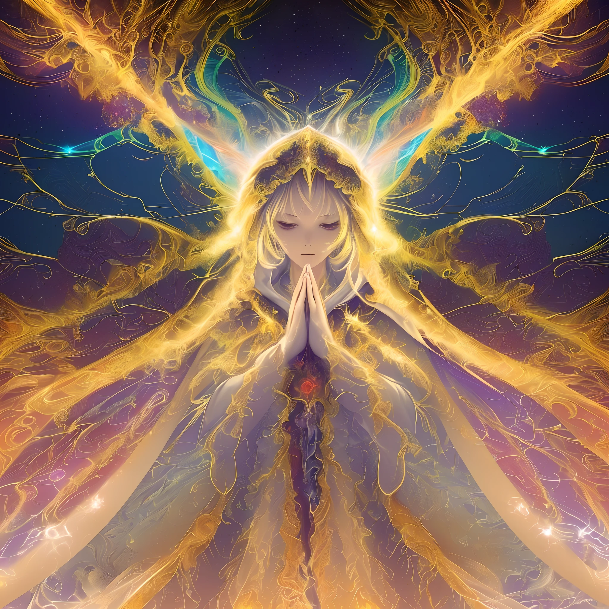 (masterpiece, top quality, best quality, official art, beautiful and aesthetic:1.2), (1girl), extreme detailed, (fractal art:1.3), colorful, highest detailed, perfect face, upper body, HDR, (praying:1.3), (white cloak golden lines:1.2), galaxy, (light streaks), striking visuals, (dynamic streaks, luminous trails:1.2), vibrant colors,