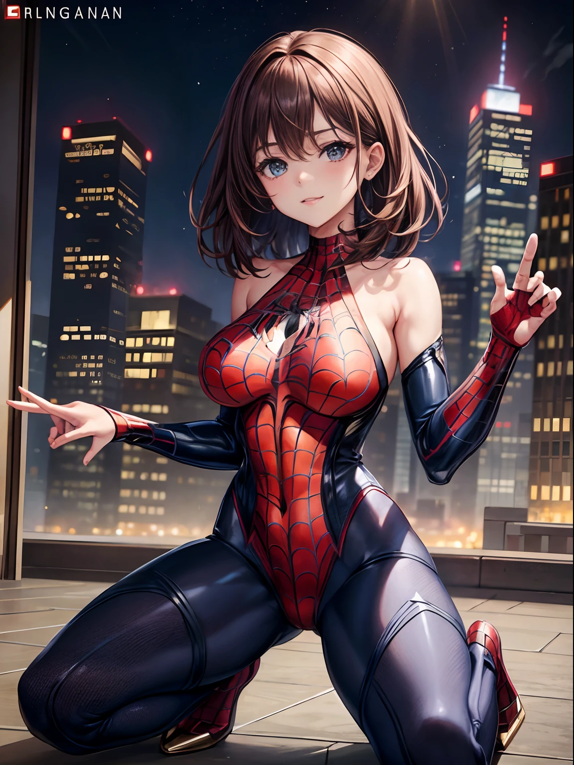 top-quality、Full limbs、complete fingers、one beautiful women、Beautiful Large Breasts、Medium Hair、Random hair、Brown hair、Spider-Man's full-body costume、night skyscraper、Kneeling