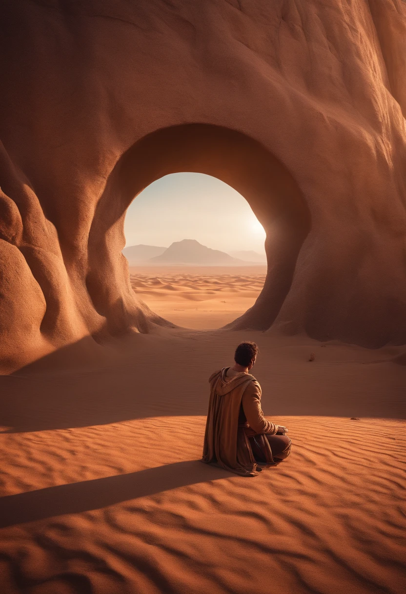 a fantasy world with a magical portal, everything is magical, the ambience has a magical flair, man kneeling in front of the dry and arid landphoto realistic, high details, best quality, 4k