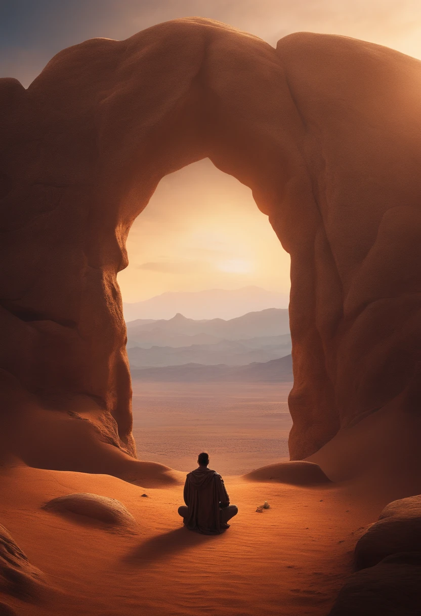 a fantasy world with a magical portal, everything is magical, the ambience has a magical flair, man kneeling in front of the dry and arid landphoto realistic, high details, best quality, 4k