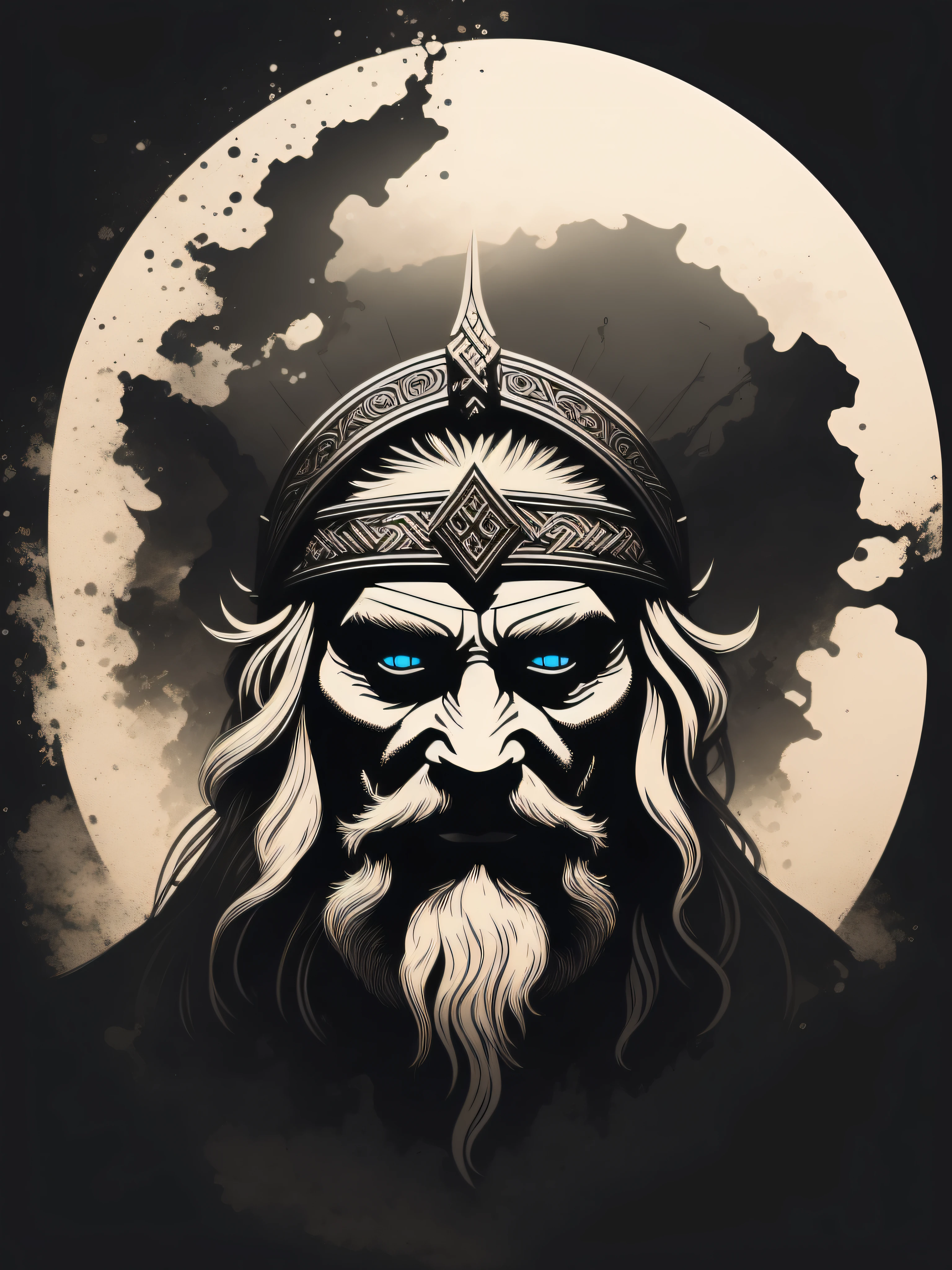 viking man, t-shirt art, 2D, ((black background :1, 5)), vector, vivid colors, masterpiece, best quality, intricate details, perfect symmetrical face, realistic details, gothic theme, rim light, moonlight, cinematic shading, Greg Rutkowisk