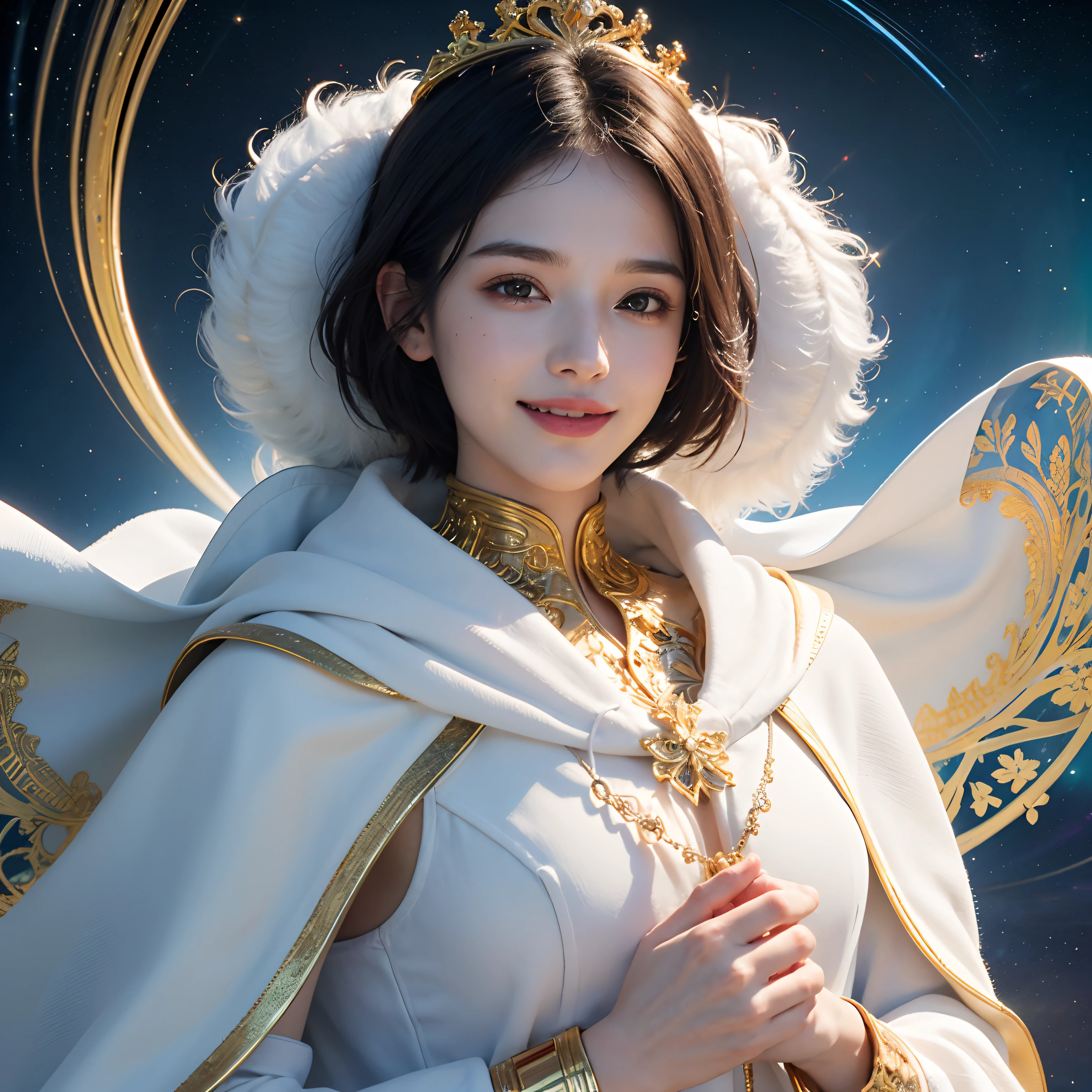 (Masterpiece, Top quality, Best quality, offcial art, Beautiful and aesthetic:1.2), (1 cute smiling boy), extreme detailed details, (Fractal art:1.3), Colorful, highest details, Perfect face, Upper body, hdr, (DOA:1.3), (white cloak golden lines:1.2), milky ways, (light stre), striking visual effects, (dynamic streaks, luminous trails:1.2), Vibrant colors,