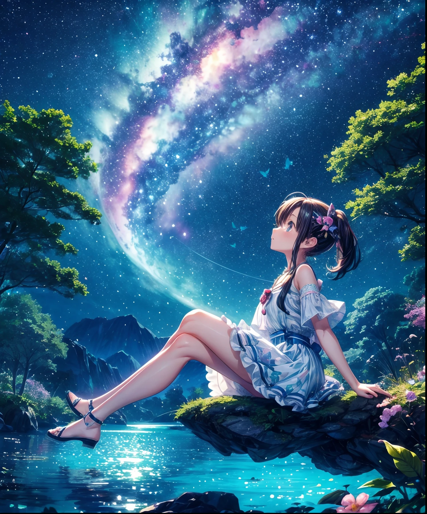 Cute girl characters、Describes a scene of leafy butterflies flying around on the water, Looking up at the starry sky. Surround her with colorful nebulae and colorful forests.