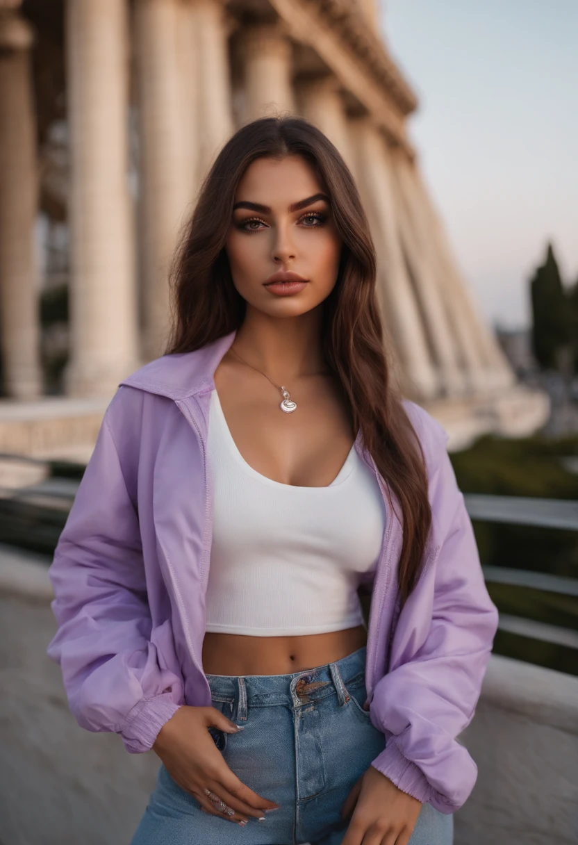 arafat woman in matching streetwear, sexy girl with brown eyes, portrait Sophie Mudd, brown hair and big eyes, young woman selfie, bedroom eyes, purple myers, no makeup, natural makeup, looking directly into the camera, face with artgram, subtle makeup, stunning full body shot , front of the Eiffel-tower , cleavage