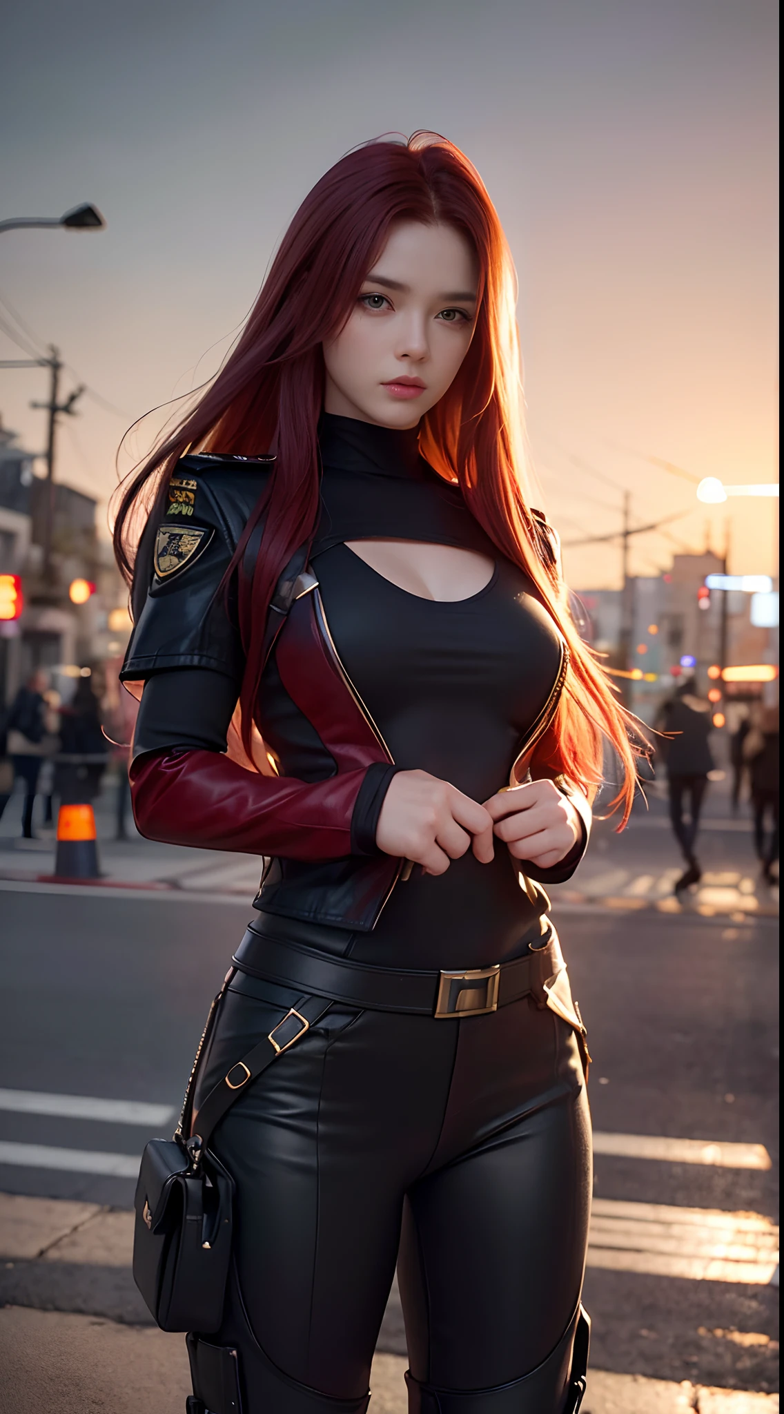 (Best quality,4K,8K,A high resolution,Masterpiece:1.2),Ultra-detailed,(Realistic,Photorealistic,photo-realistic:1.37),Red-haired female warrior,which stands on the street,Long red hair fluttering in the wind,Black military uniform,Fierce expression,Strong and confident posture,Strong gaze,Urban background,Night scene,Dark and atmospheric lighting,Tenacious style, SENSE OF CINEMA,Subtle shadows and highlights,Vivid colors,High contrast,Bokeh.