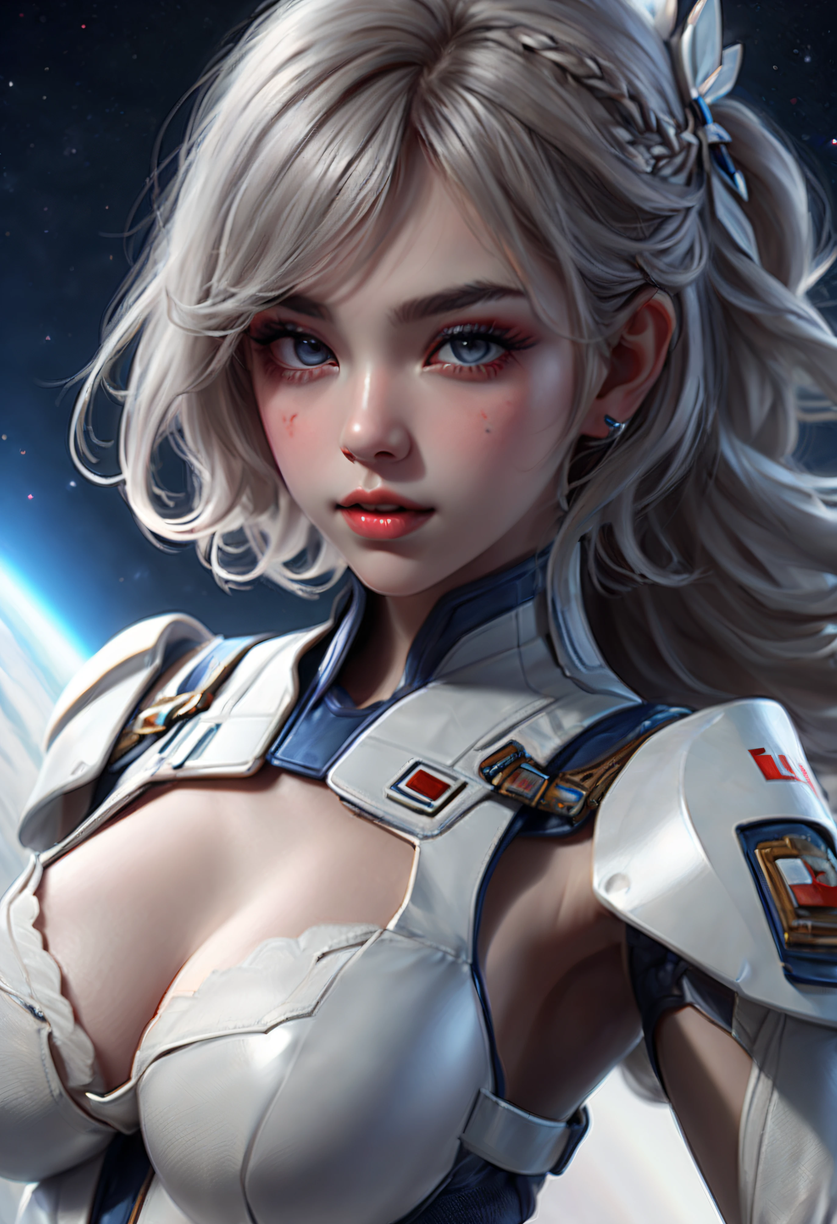 (melhor qualidade, Altas, ultra-detalhado), Realistic, HDR, (nsfw:1) , fofo, olhos e rosto detalhados, Detailed lips, long eyelashes, (Elfa) , Beautiful features, body curvy, Traje e armadura de samurai, traje de astronauta, olhando diretamente para o espectador, olhar intenso, emotional expression, mystic atmosphere,