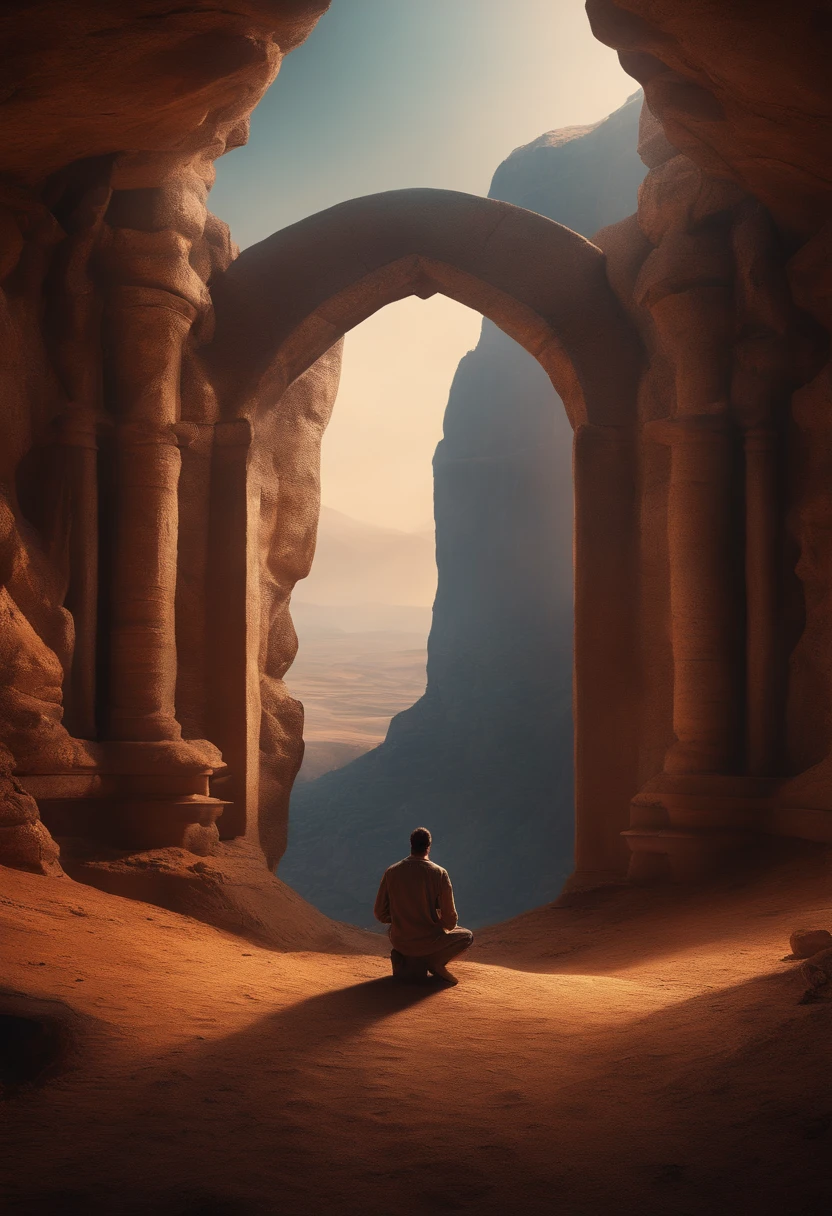 A fantasy world with a magical portal, Everything is magical, The environment has a magical touch, Man kneeling in front of dry, barren landRealistic photo, detalhes altos, melhor qualidade, 4k