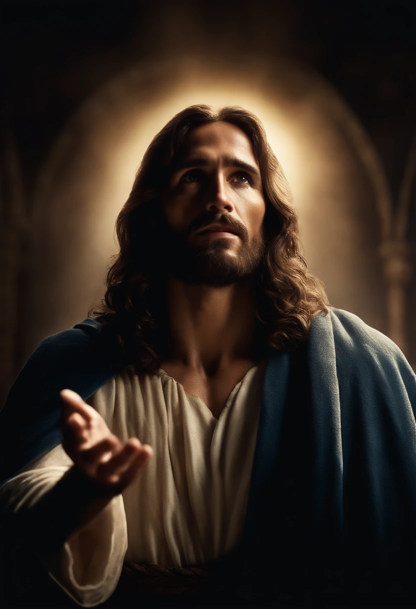 Jesus Cristo realista, com rosto confiante, illuminated by the divine heavens, with a protective hand outstretched as if saving us