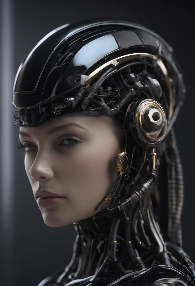 Robot Nousr, Complexe 3D Rendu Beau Profil Porcelaine Noir Femelle Android Face, Cyborg, Robot parts, 150 mm, beautiful studio soft light, low light, vivid details, Cyberpunk luxueux, surreal, anatomique, muscles du visage, Cable wire, micropuce, Elegant and beautiful background, Rendu octane, 8k