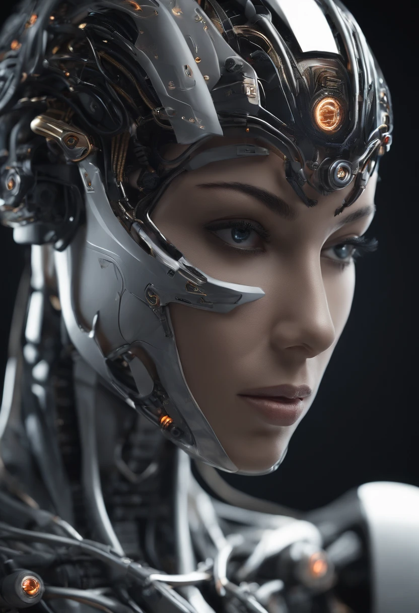 Robot Nousr, Complexe 3D Rendu Beau Profil Porcelaine Noir Femelle Android Face, Cyborg, Robot parts, 150 mm, beautiful studio soft light, low light, vivid details, Cyberpunk luxueux, surreal, anatomique, muscles du visage, Cable wire, micropuce, Elegant and beautiful background, Rendu octane, 8k