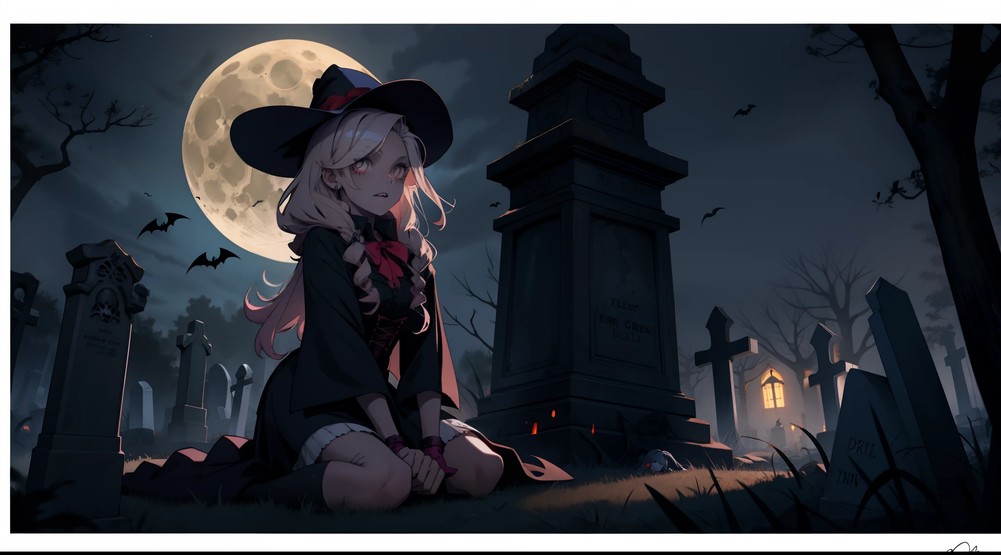 Young scary Halloween vampire girl in a graveyard in the middle of the night under a crescent moon . muscle