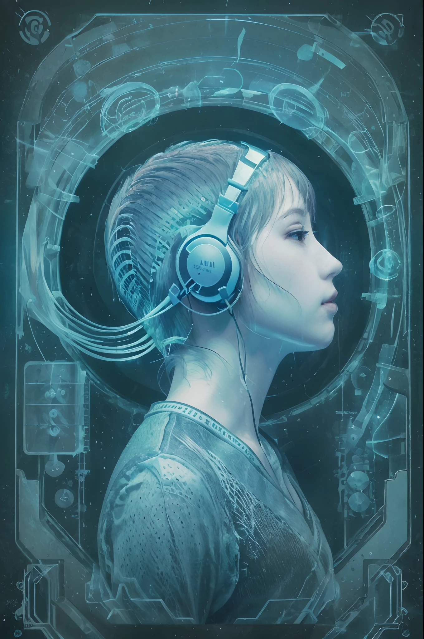 - [ ] Digital Printed Machine Poster, Technical schematic as seen from the front and side views of blueprint paper.、The bold text on the background is「Jellyfish style water-cooled headphones」, product, Illustration. Central depiction: Cool oriental style Japan teenager wearing retro design headphones, Headphone Design: Vintage aesthetics and modern functionality, Integrated thin water flow pipe resembling jellyfish tendrils, Auditory environment: Showed a gentle murmur of underwater sound emanating from headphones, Imitate the aquatic atmosphere, Spiritual tranquility: The expression of the girl's face and posture reflects mental tranquility, Shows the soothing effect of aquatic whispers, Juxtaposition: Emphasized a harmonious blend of modern hearing technology and nature's calming essence, Exploring the Story: An artistic story that seeks mental stability in a chaotic modern world、Subtly implied by design elements and annotations, Symbolism: The similarity of jellyfish provides a unique aesthetic, Symbolizes a gentle drift into serene contemplation, Technical Specifications: Ultra-detailed graphite rendering at 8K resolution、Accurate depiction of each element is ensured, Important Suggestions, and feature pointers, Instruction Guide: Next to the main illustration, In the instruction guide、Detailed information on assembling and using the headphones, Provide a practical touch to artistic blueprints. 8K, conceptual art