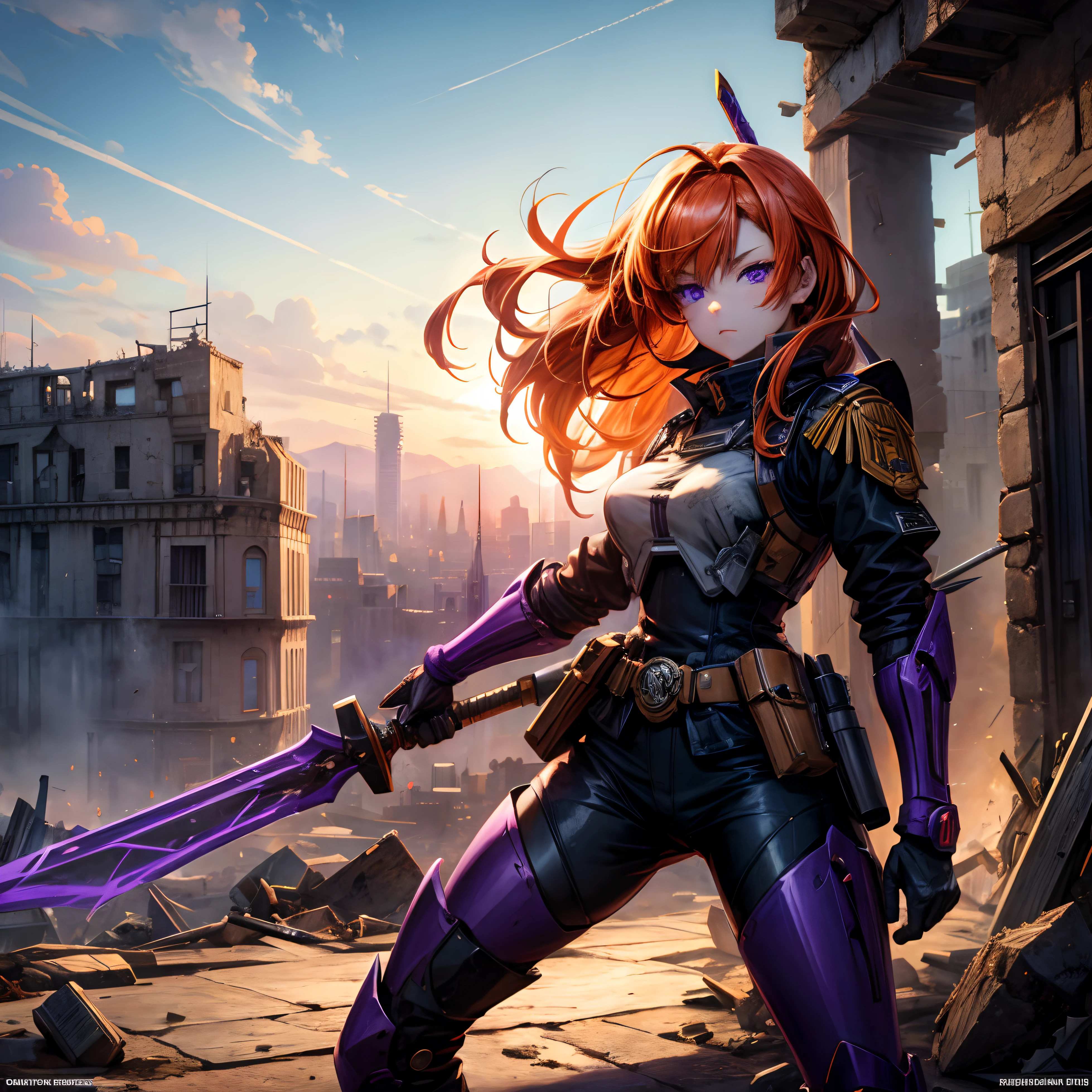 Masterpiece, top quality, ruined city  in the background, anime girl in uniform holding a spear ,  4K  wallpaper, badass anime 8K,Orange hair, purple eyes