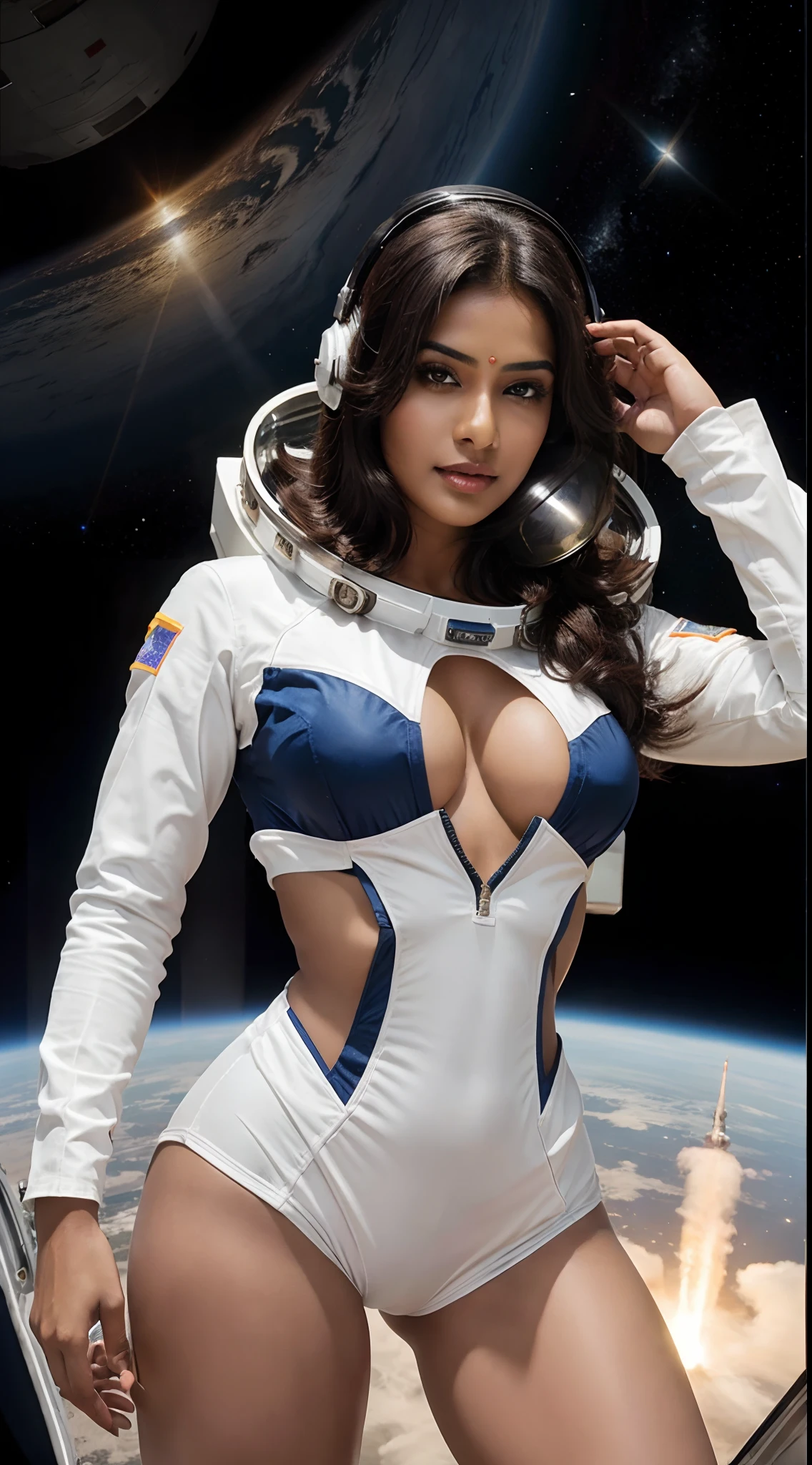 Beautiful Indian women with big chest in sexy astronaut costume with helmet on space station