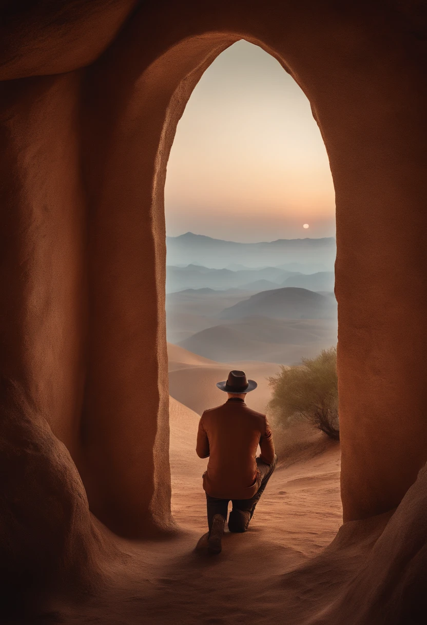 A fantasy world with a magical portal, Everything is magical, The environment has a magical touch, Man kneeling in front of dry, barren landRealistic photo, detalhes altos, melhor qualidade, 4k, homem mais de perto e mostrar mais a terra seca