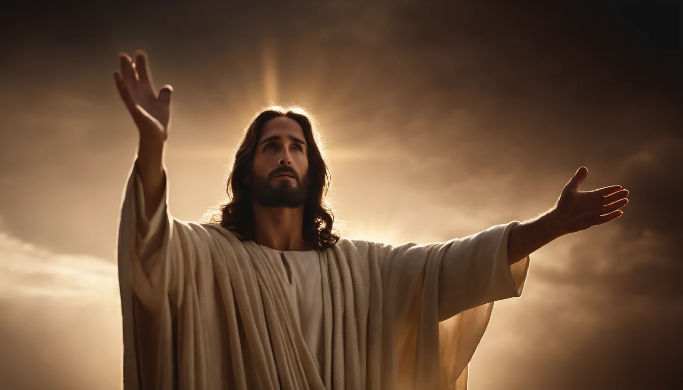 Jesus Cristo realista, com rosto confiante, illuminated by the divine heavens, with a protective hand outstretched as if saving us