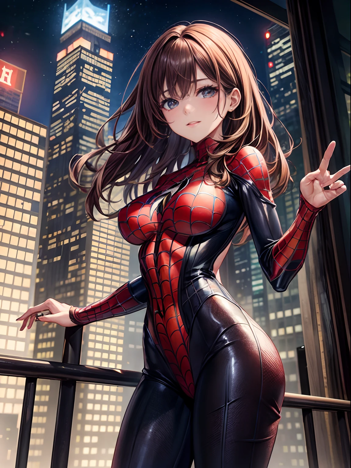 top-quality、Full limbs、complete fingers、one beautiful women、Beautiful Large Breasts、Medium Hair、casual、Brown hair、Spider-Man costume、night skyscraper