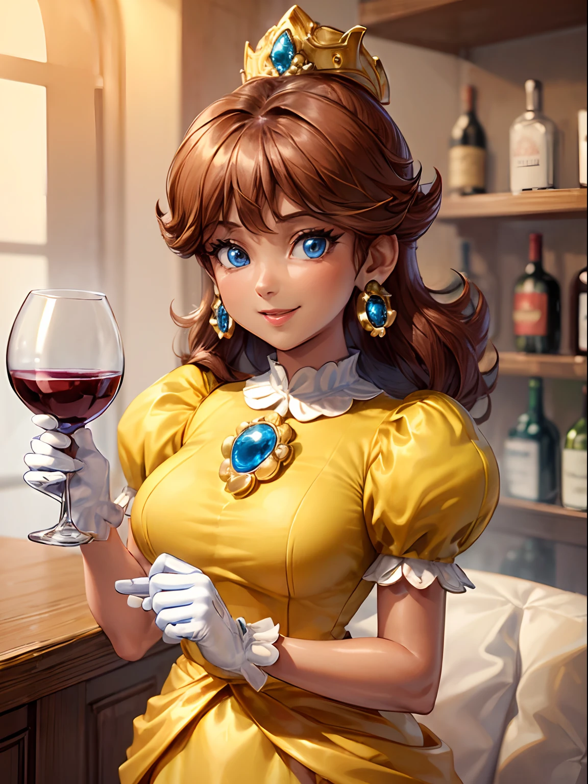 ((high detailed, best quality, 4k, masterpiece, hd:1.3)), dsy, blue eyes, yellow dress, short puffy sleeves, brooch, smile, closed mouth, energetic, joyful, smooth skin, gloves, earrings, dark tan skin colour, (brown skin colour), upper body, close-up, holding wine glass, at bar