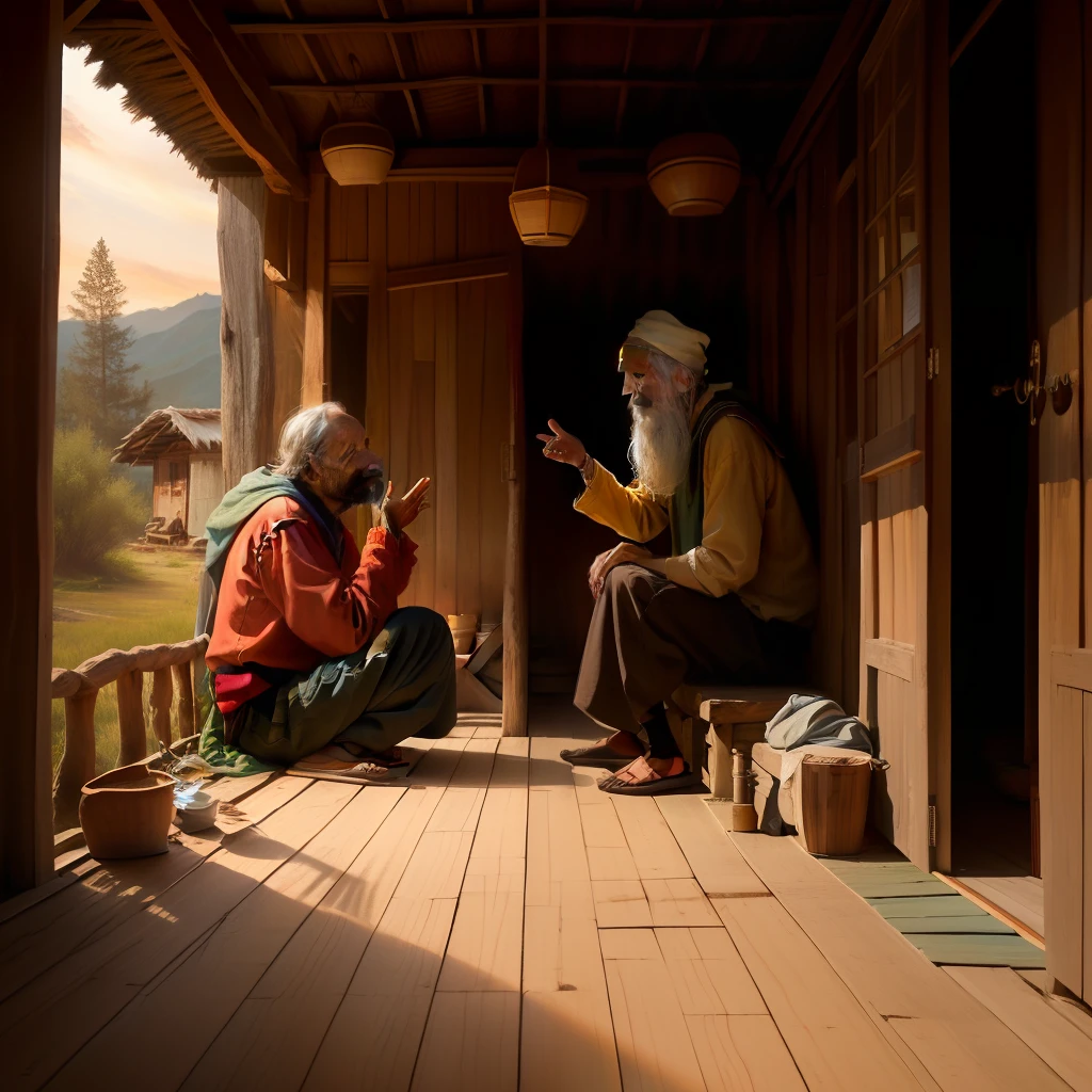 create the image of a beggar talking to the king inside a small hut with a wooden floor without any furniture