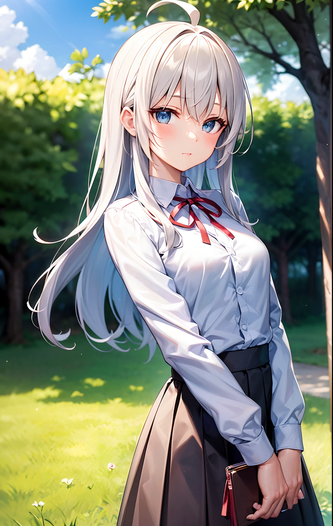 Masterpiece* High Quality*High Resolution*Detailed 8K CG Wallpaper*((best quality)), ((masterpiece)), ((ultra-detailed)). (illustration), 1 girl, solo, long hair, ahoge, ribbon, red ribbon, neck ribbon, school uniform, looking at viewer, blush, long sleeves, white hair, white shirt, black skirt, blue eyes, standing, tree, blue sky, cloud, sunlight, day, outdoors, cowboy shot, shirt tucked in