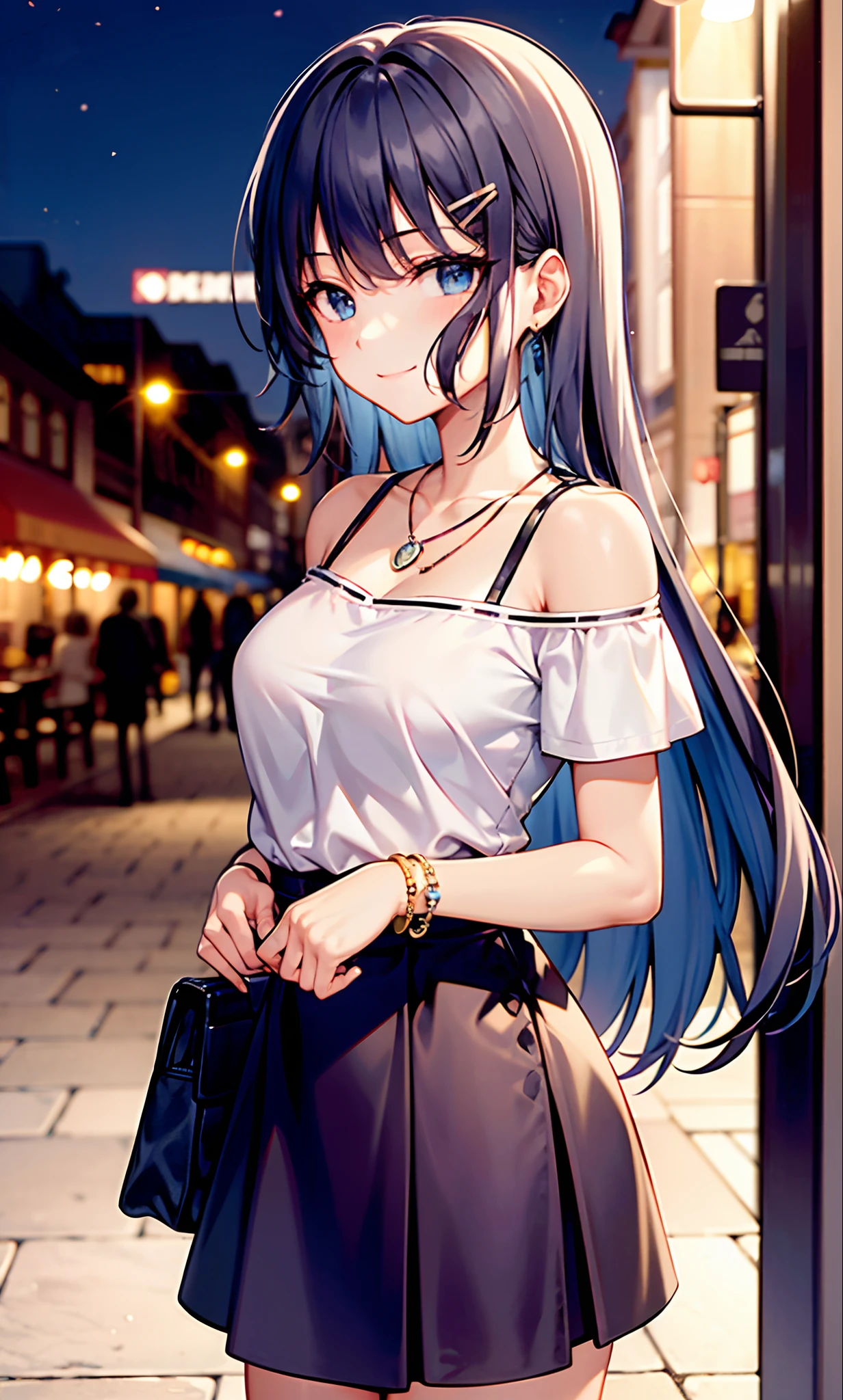 (Masterpiece), 1 girl, breasts, blue eyes, long hair, jewelry, skirt, bag, outdoors, necklace, looking at viewer, bare shoulders, solo, hair ornament, blue skirt, shirt, off shoulder, bracelet, blue hair, frilled shirt, high-waist skirt, smile, white shirt, night, off-shoulder shirt, handbag, cowboy shot, hairclip, bangs, frills, hand up, floating hair, medium breasts, closed mouth, standing, short sleeves, very long hair