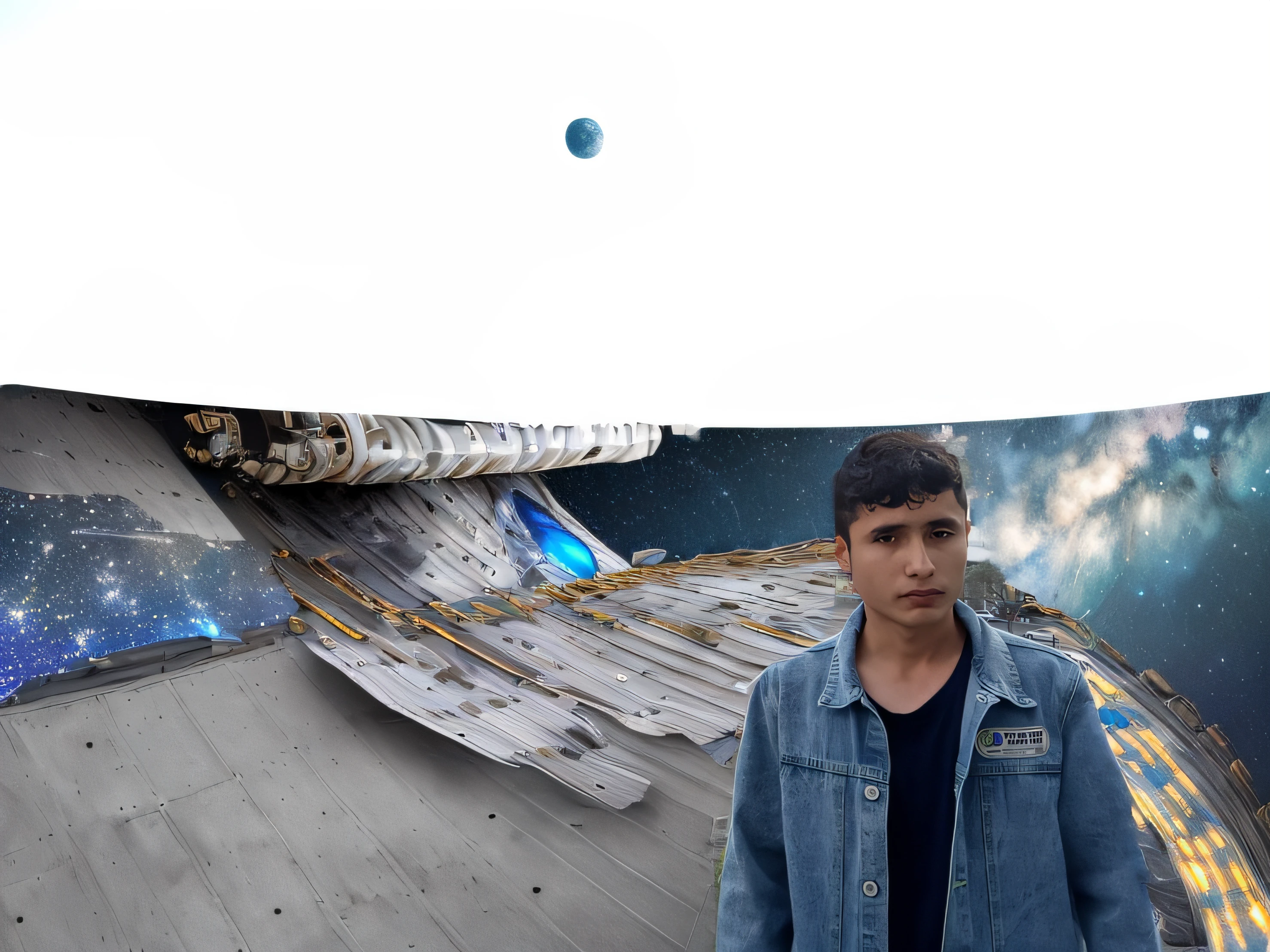 paisaje lunar con un firmamento lleno de estrellas y galaxias y una nave espacial flotando en la esquina izquierda de la imagen