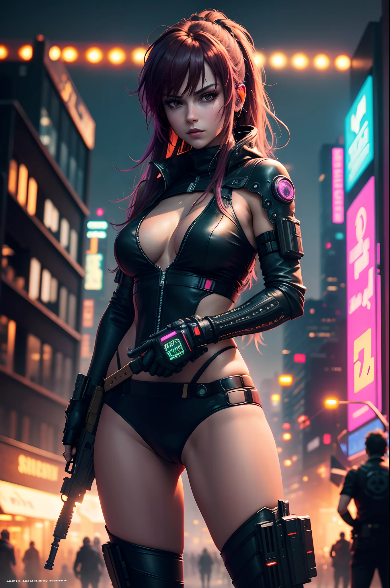 masterpiece, cyberpunk, crowd, city, night, neon light, toned, sci-fi, extremely detailed 8k wallpaper, 1girl, holding gun, battle, revy, revyGun, balalaika, roberta,