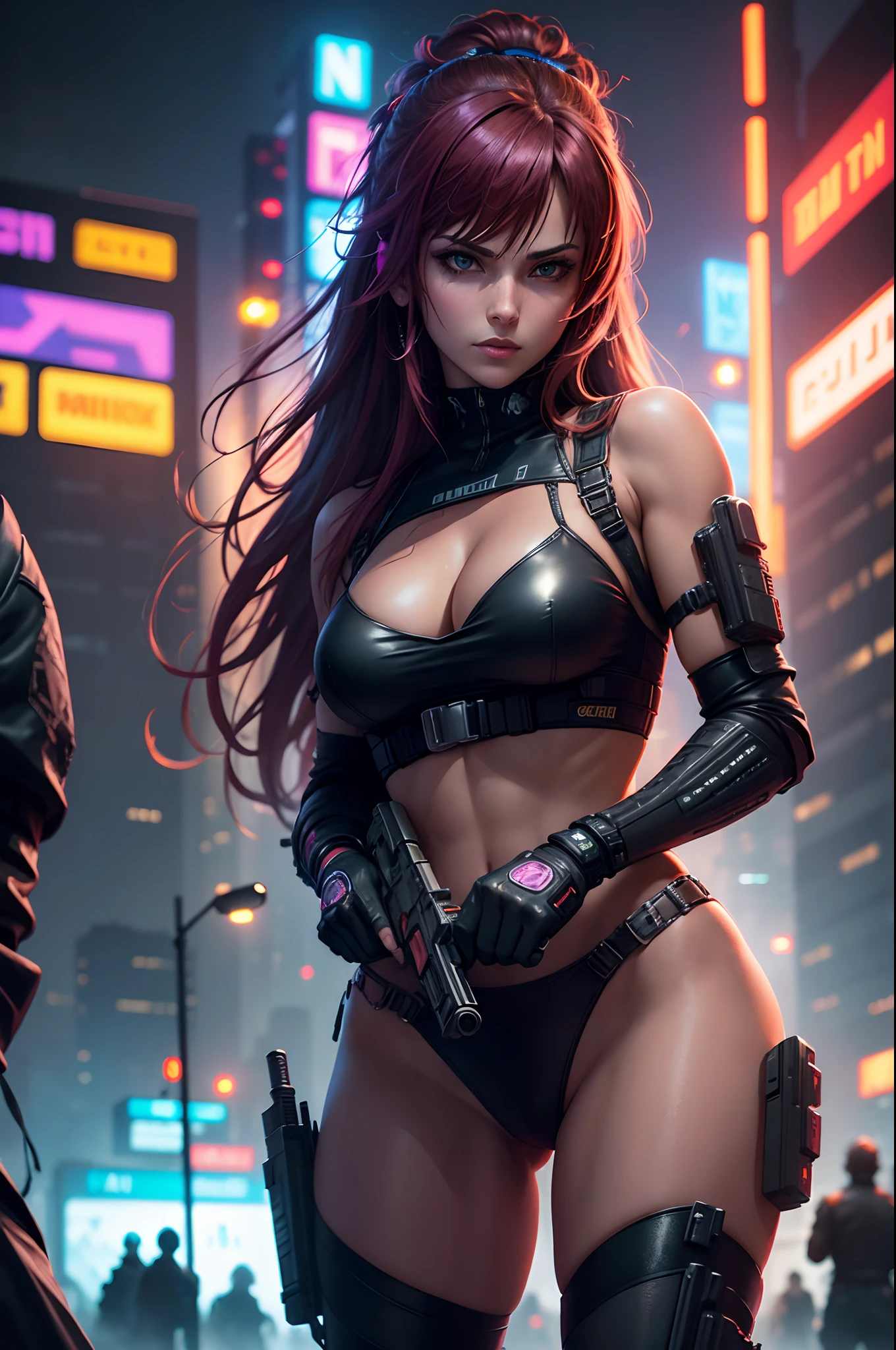 masterpiece, cyberpunk, crowd, city, night, neon light, toned, sci-fi, extremely detailed 8k wallpaper, 1girl, holding gun, battle, revy, revyGun, balalaika, roberta,